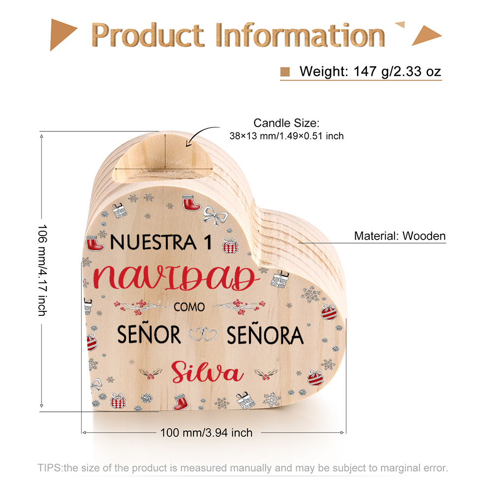 Aniversario de Navidad-Candelero de madera para pareja sin vela personalizado con apellido y número-Jessemade ES