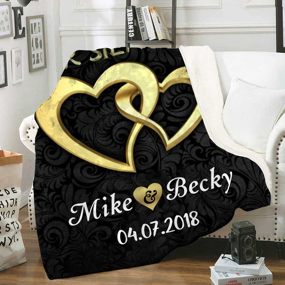 Pareja-Manta de buen calidad de corazones conectados personalizada con nombres y fecha-Jessemade ES