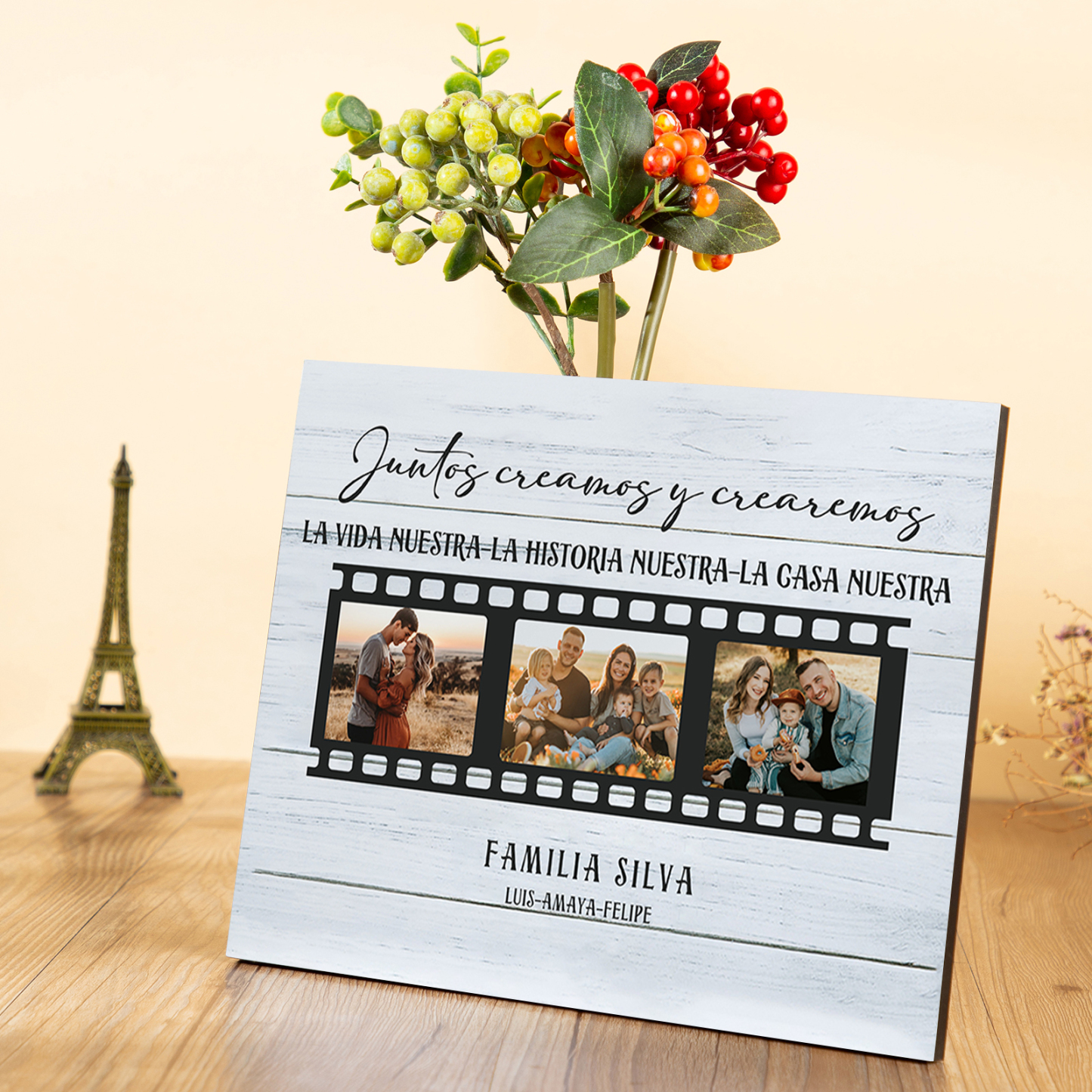 A mi familia-Lámina marco de madera "Juntos creamos una casa" 3 fotos y 2 textos personalizados-Jessemade ES