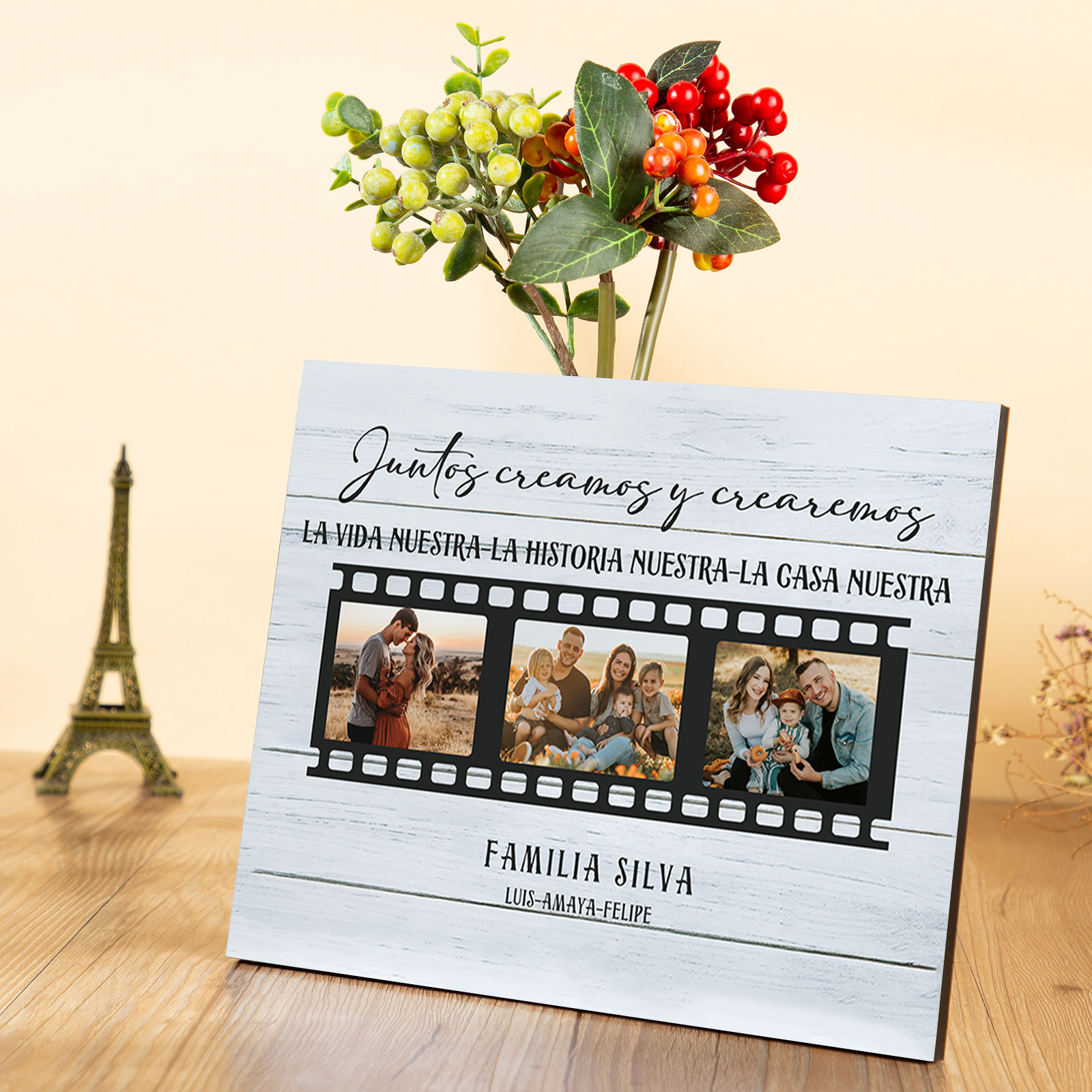 A mi familia-Lámina marco de madera "Juntos creamos una casa" 3 fotos y 2 textos personalizados-Jessemade ES