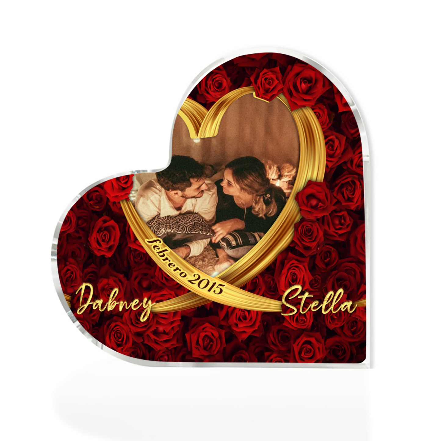 Placa de acrílico en forma de corazón con fecha, 2 nombres y foto personalizados-Jessemade ES