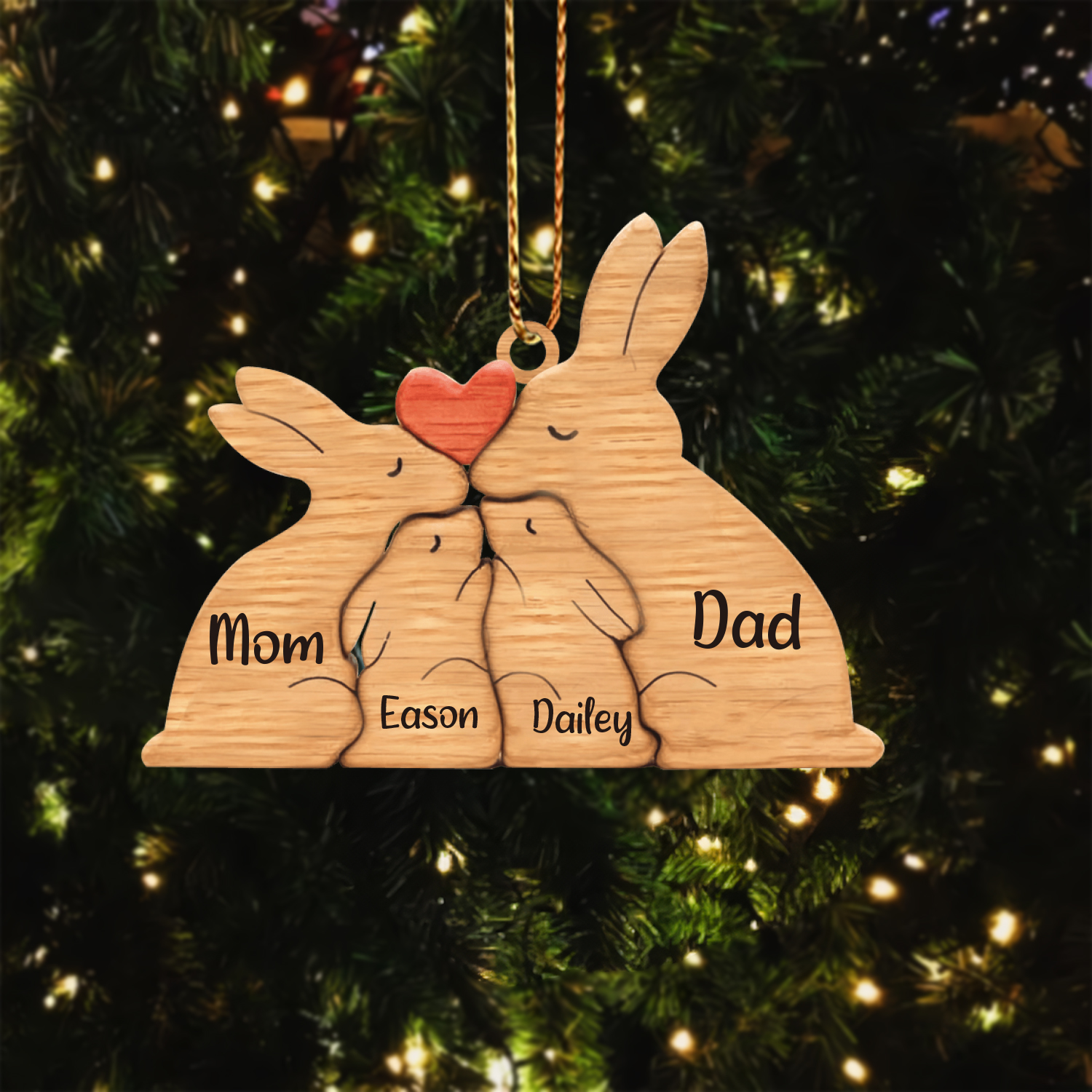 Navidad-Ornamento muñecos navideño de madera familia de conejos 4 nombres personalizados adorno del árbol-Jessemade ES
