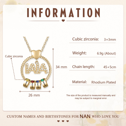 Collar a abuela con colgante de "IAIA" con 4 nombres y 4 piedras de nacimiento personalizados | Jessemade-Jessemade ES
