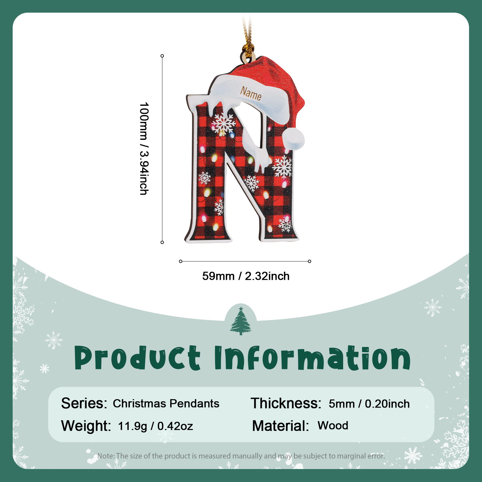 Navidad-Ornamentos Navideños de Madera Letra 1 Nombre Personalizado