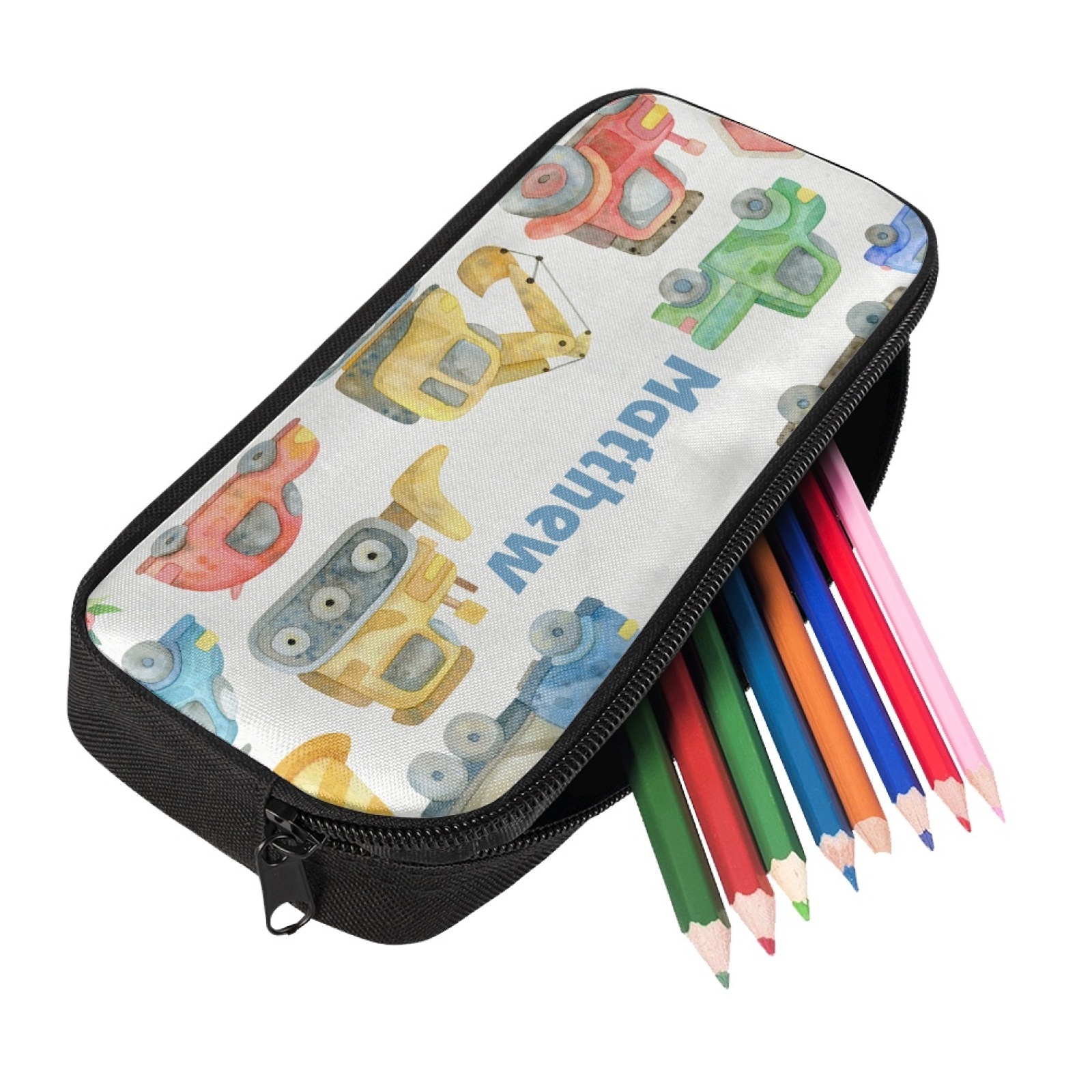 Estuche personalizado con nombre con diseños coloridos de coches/cars para niños