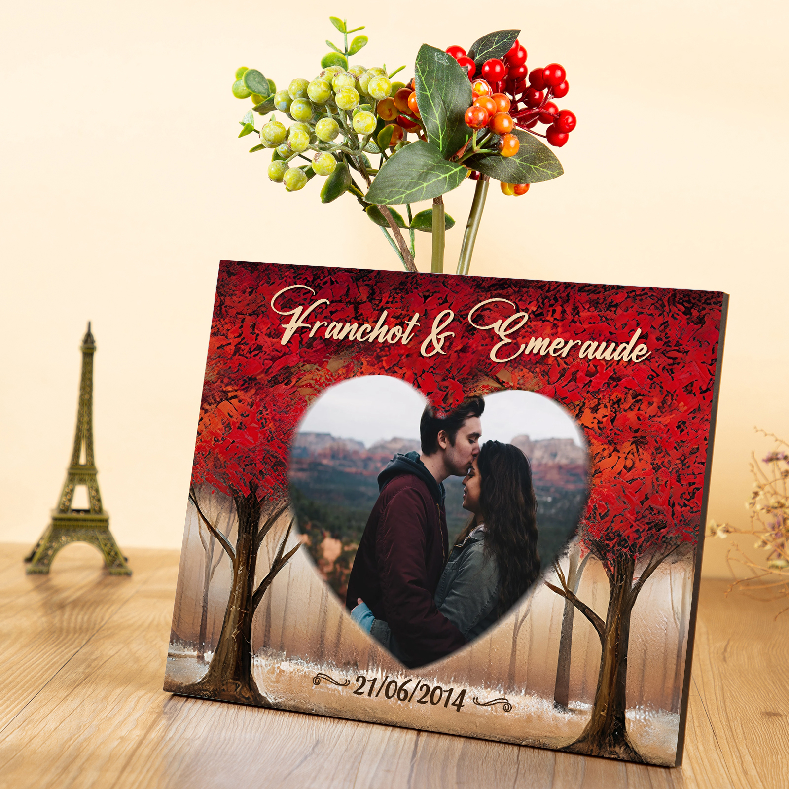 Lámina "árbol de amor" marco de madera para pareja 2 nombres personalizados con fecha y foto-Jessemade ES