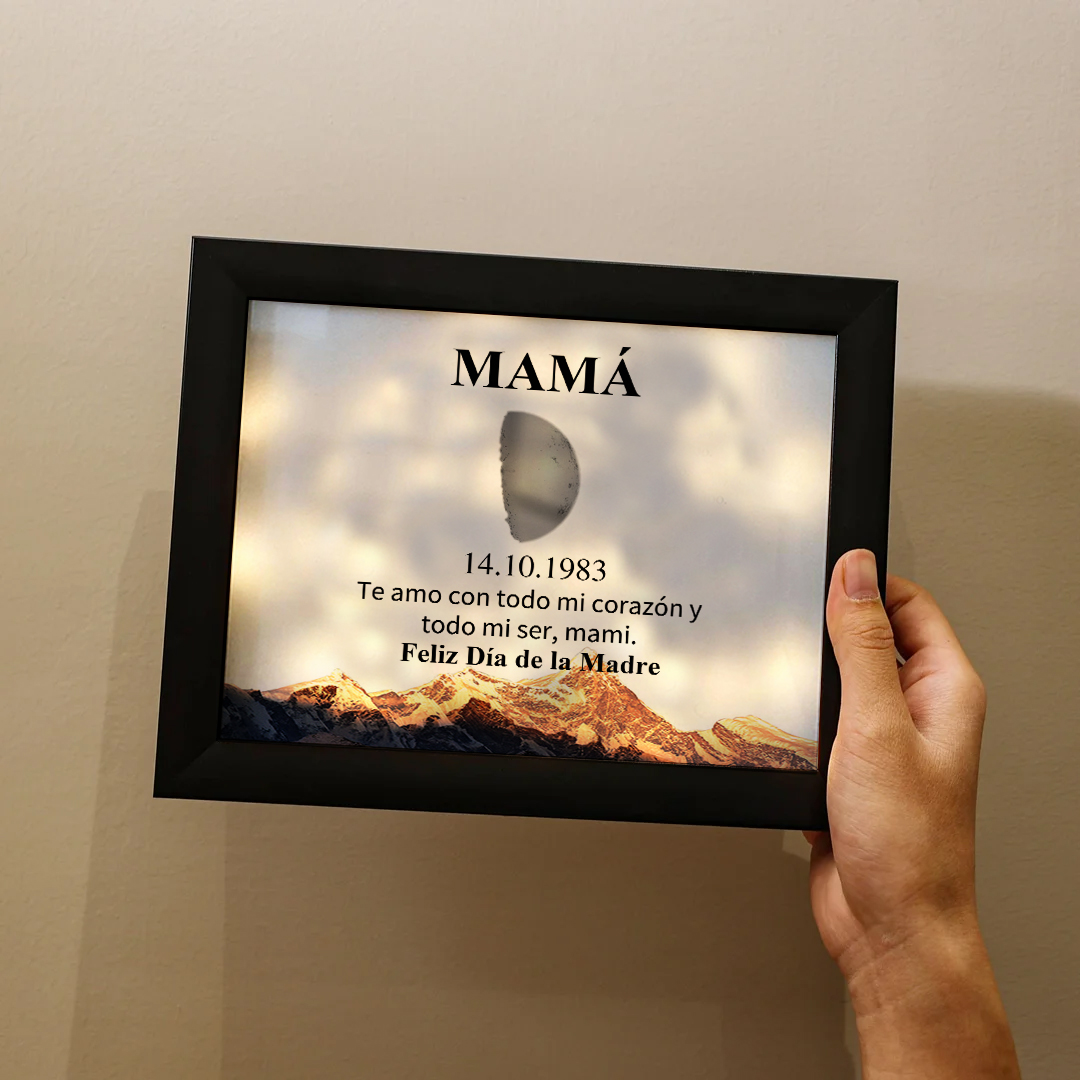 A mi mamá-Marco de luna del día que nació personalizado con fecha y texto con lámpara-Jessemade ES