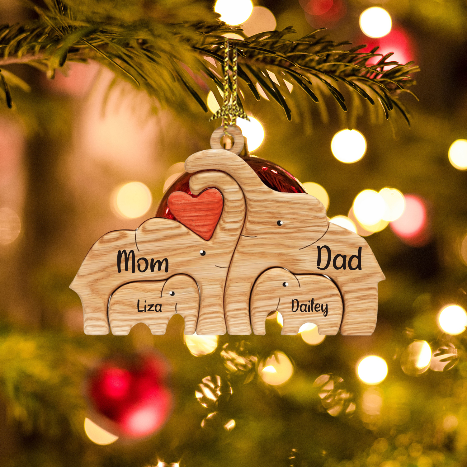Navidad-Ornamento muñecos navideño de madera familia de elefantes 4 nombres personalizados adorno del árbol-Jessemade ES