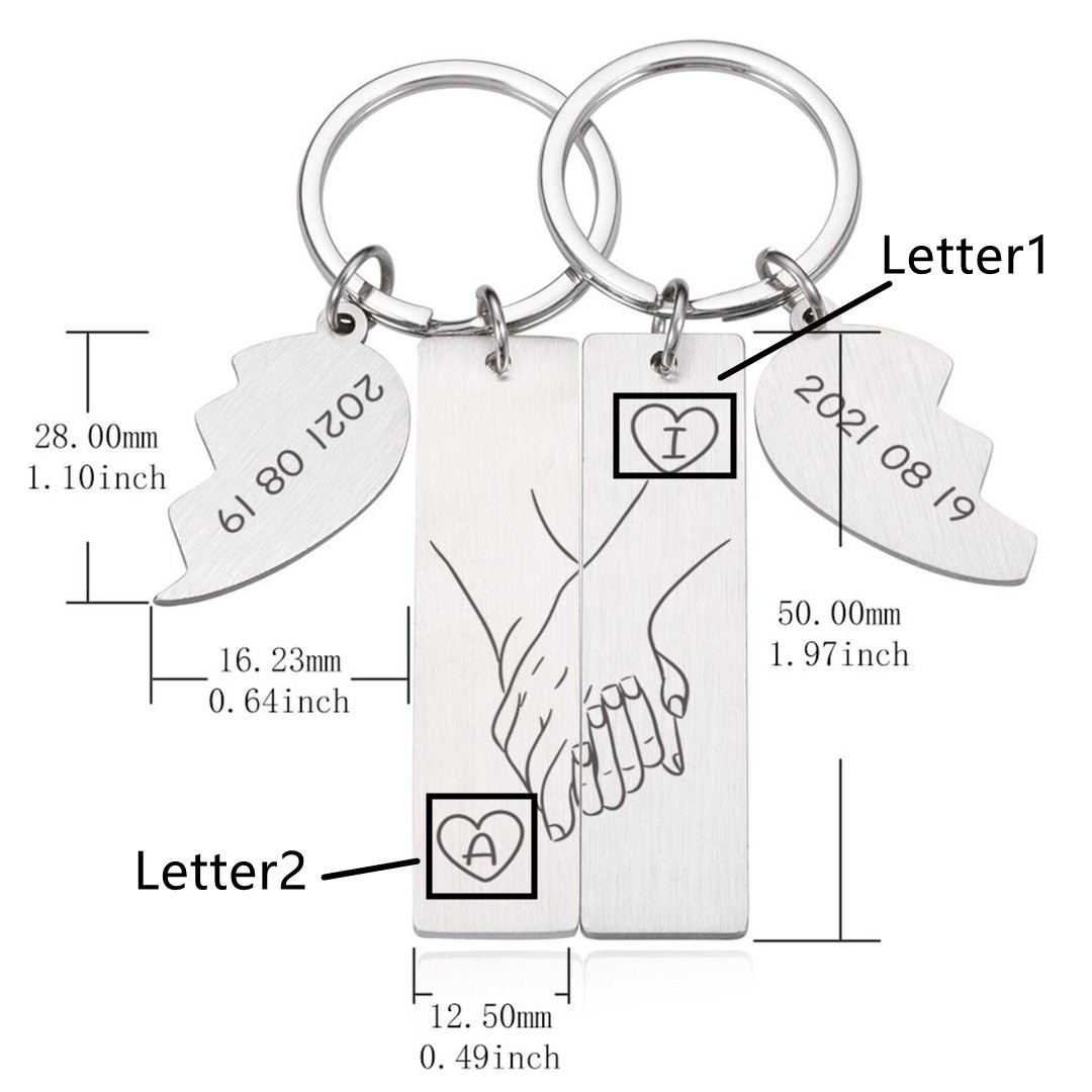 Llavero para pareja mano a mano con fecha y 2 letras personalizadas-Jessemade ES