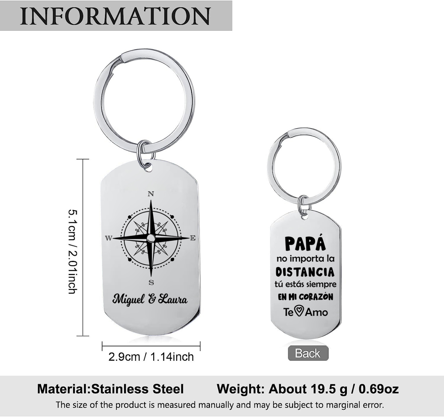 A mi papá-Llavero de placa con brújula personalizado con 2 nombres-Jessemade ES