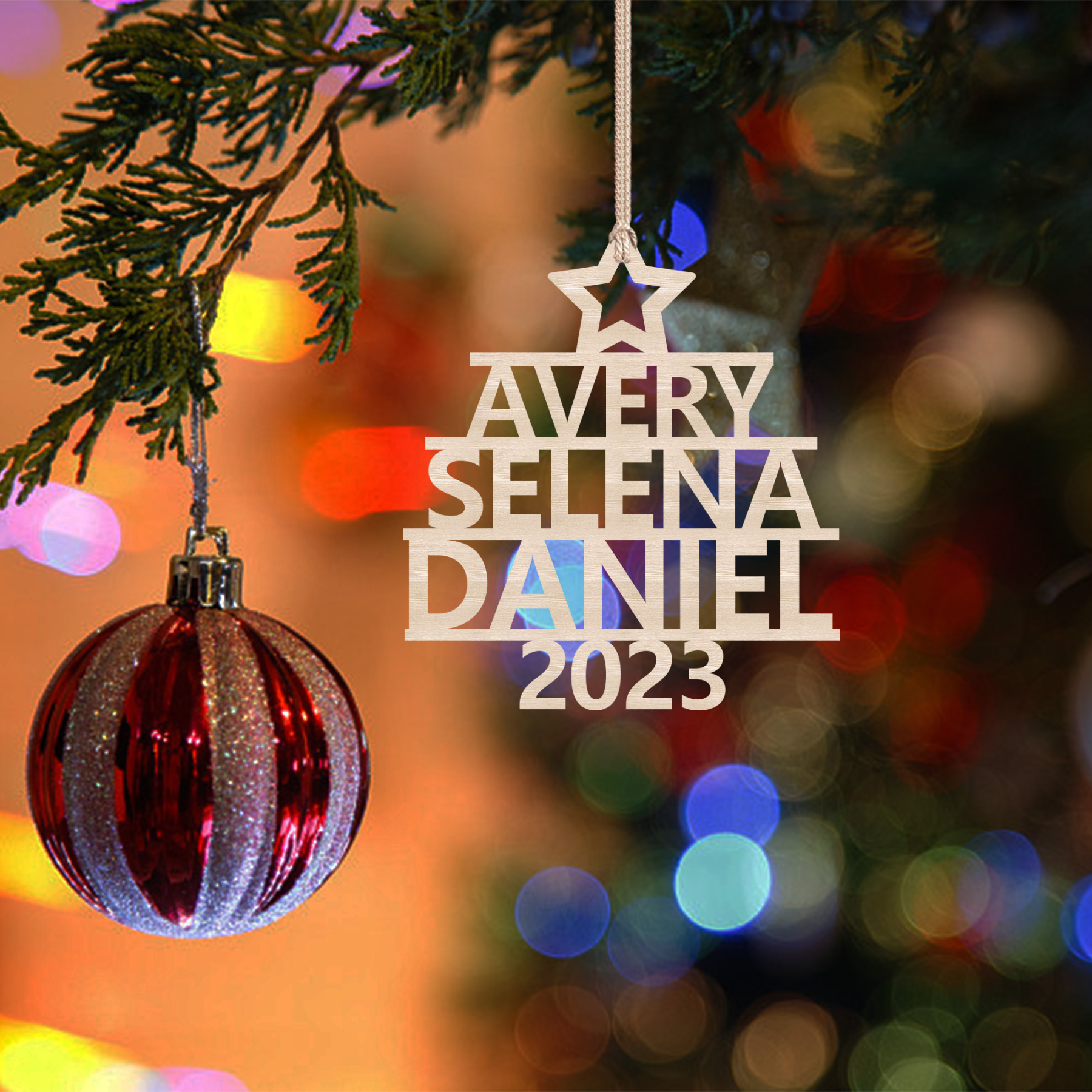 Navidad-Ornamento navideño de madera árbol de nombres con 3 nombres y año personalizados