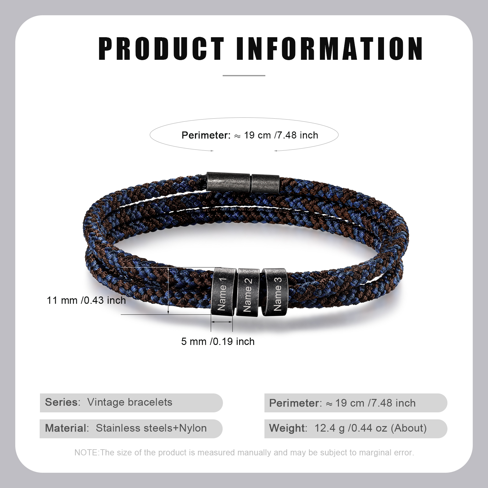Pulsera de triple cuerda azul y marrón con 3 aros 3 nombres personalizados pulsera de hombre -Jessemade ES