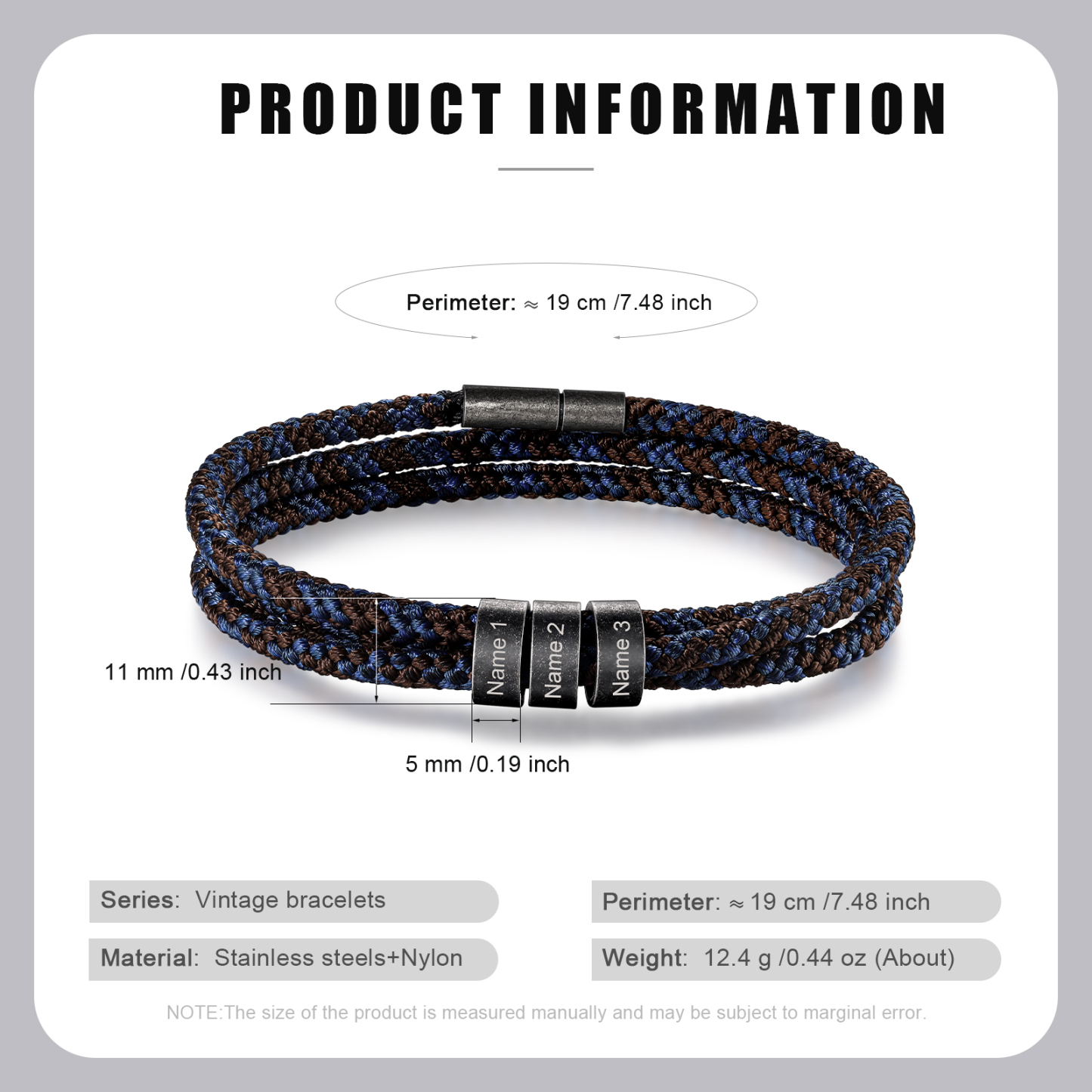 Pulsera de triple cuerda azul y marrón con 3 aros 3 nombres personalizados pulsera de hombre -Jessemade ES