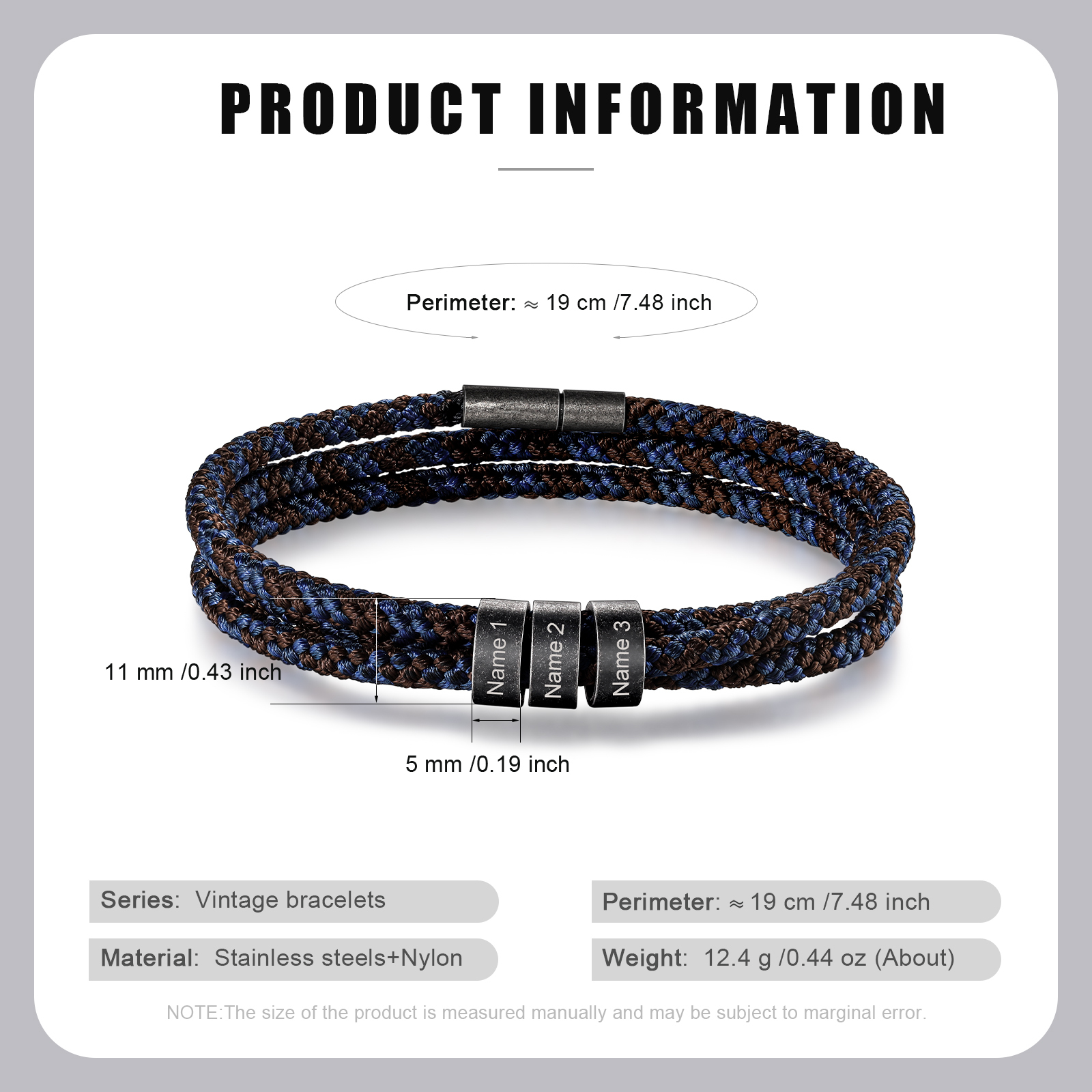 Pulsera de triple cuerda azul y marrón con 3 aros 3 nombres personalizados pulsera de hombre -Jessemade ES