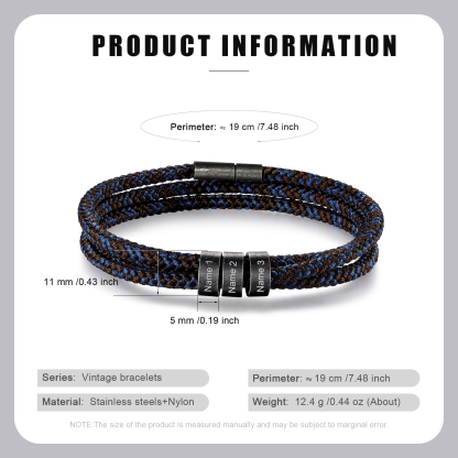 Pulsera de triple cuerda azul y marrón con 3 aros 3 nombres personalizados pulsera de hombre -Jessemade ES