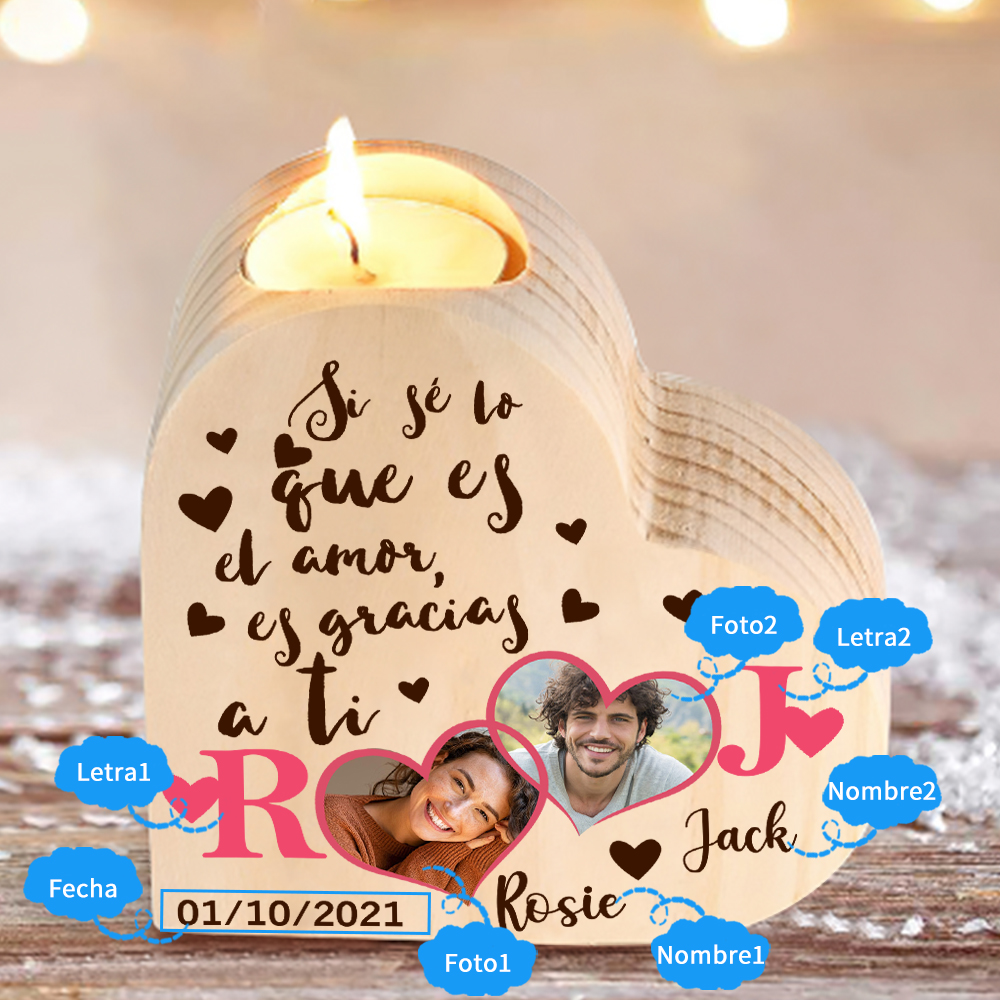 Candelero de madera para pareja con 2 fotos sin vela personalizado con 2 nombres, 2 letras y fecha-Jessemade ES