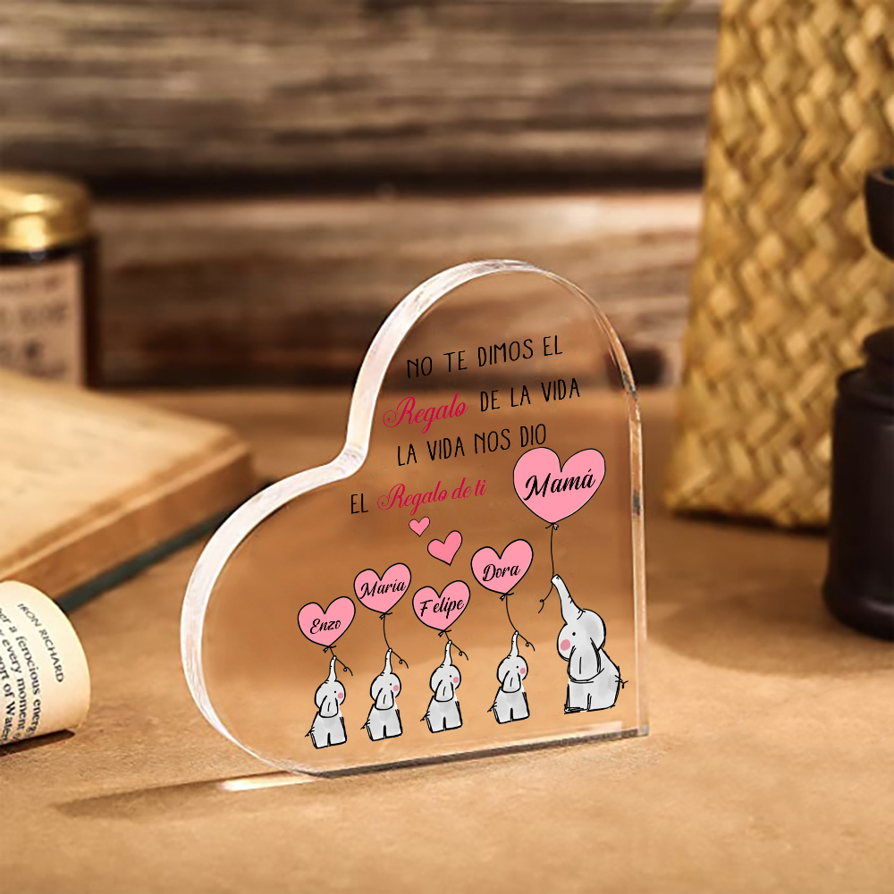 A mi mamá/abuela-Placa de acrílico en forma de corazón elefantes 2-5 nombres personalizados-Jessemade ES