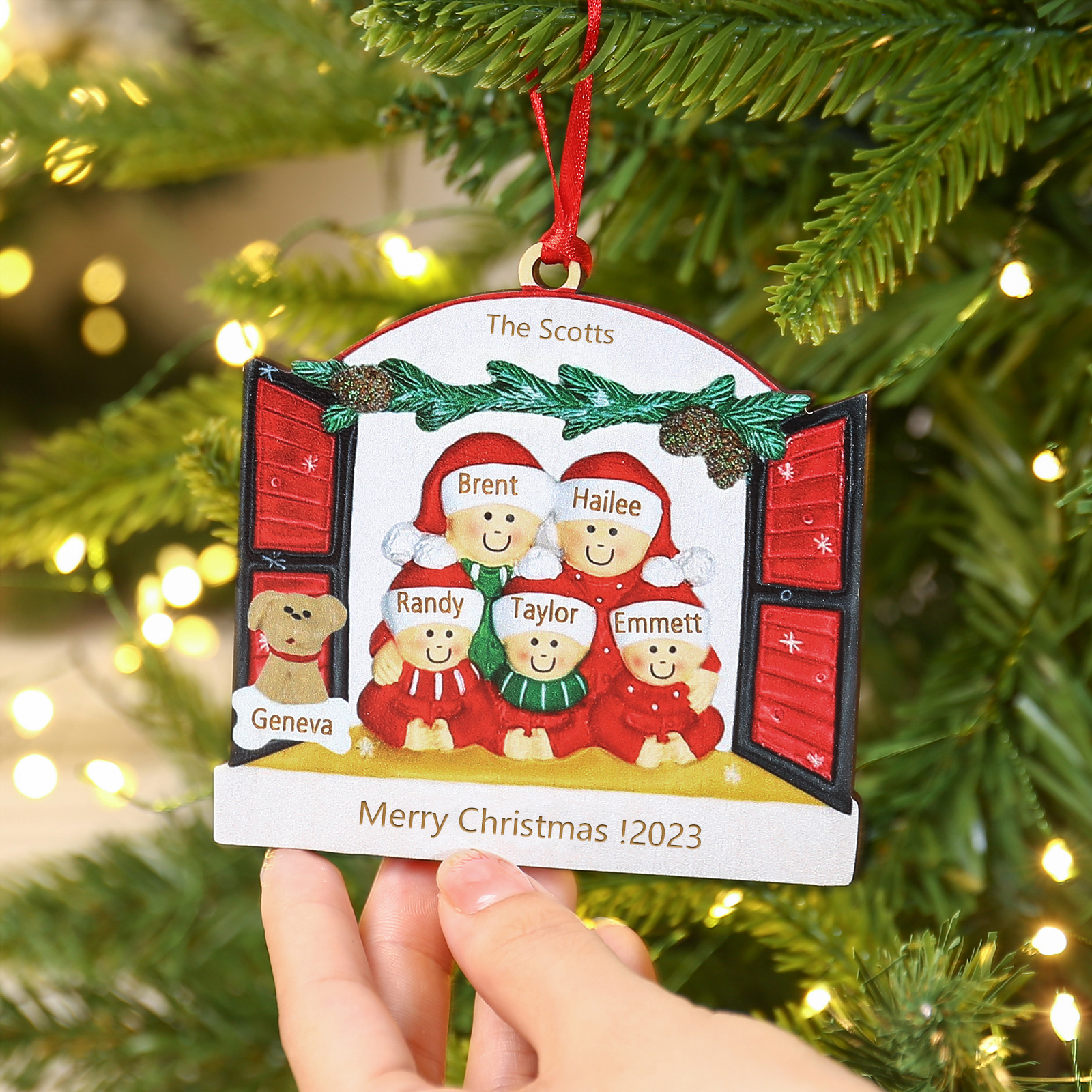 Navidad-Ornamento muñecos navideño de madera familia de 5 con perro y 2 textos y año personalizados adorno del árbol-Jessemade ES