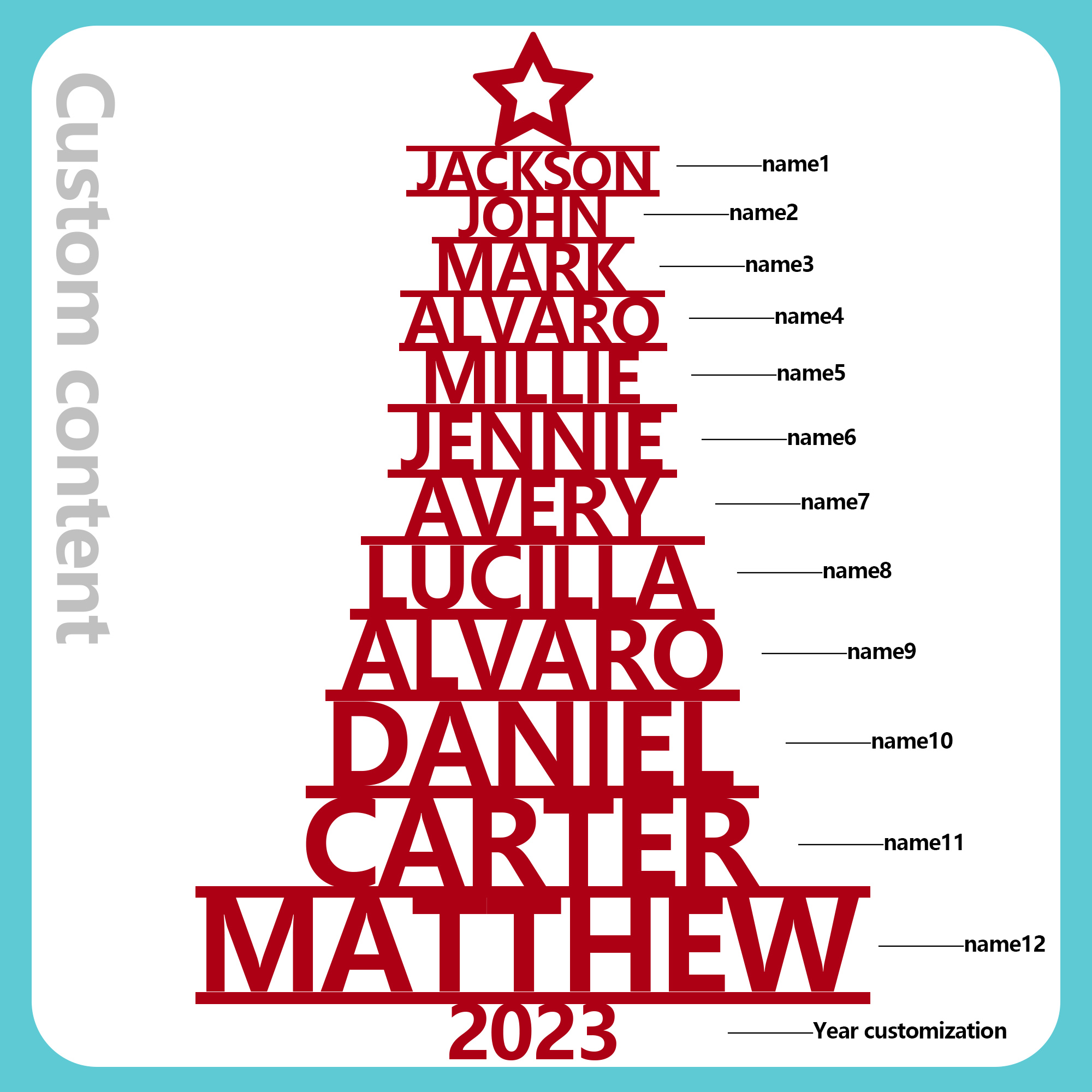 Navidad-Ornamento navideño de madera árbol de nombres con 12 nombres y año personalizados