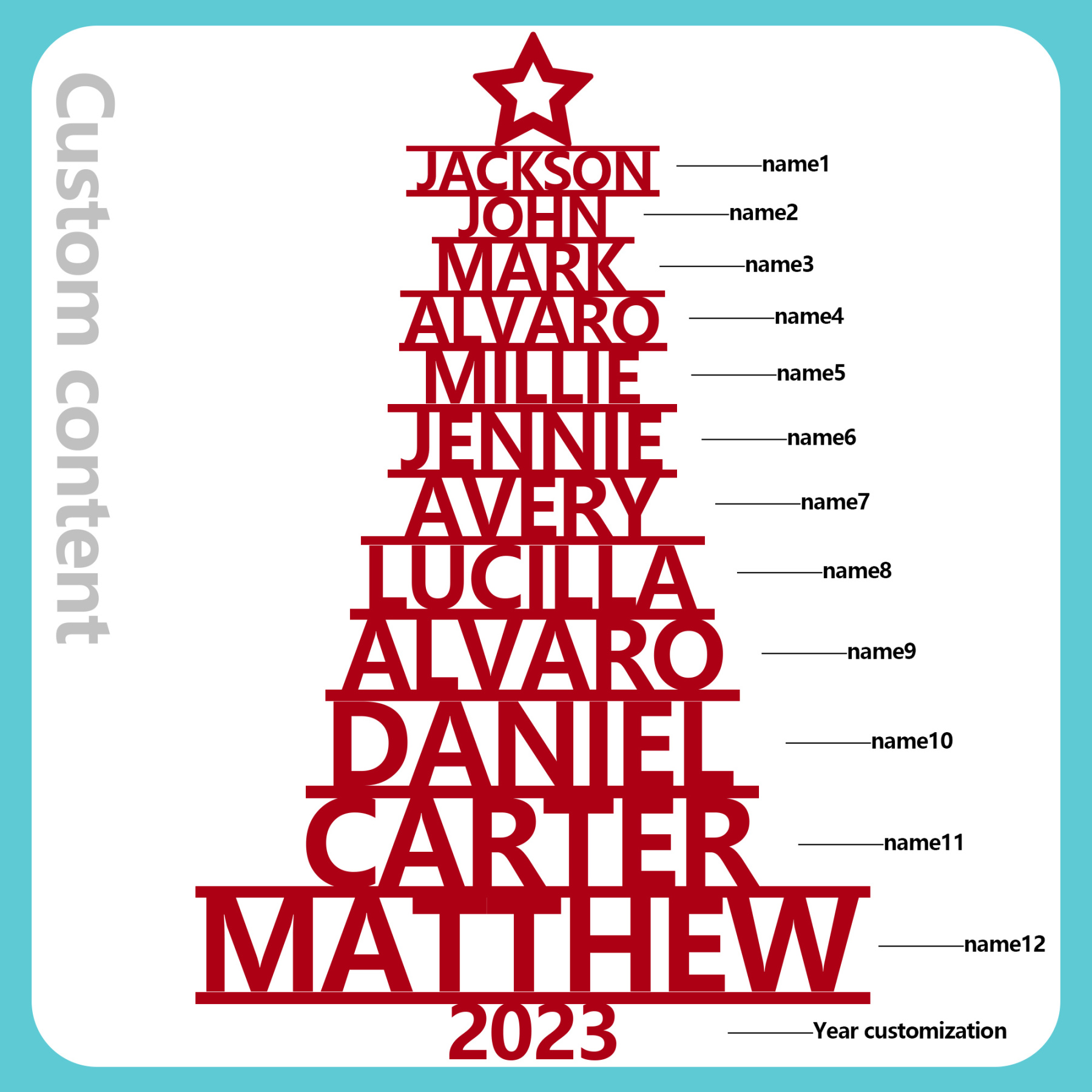 Navidad-Ornamento navideño de madera árbol de nombres con 12 nombres y año personalizados