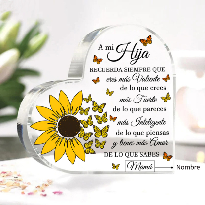 A mi hija-Placa de acrílico en forma de corazón de girasol con 1 nombre personalizado-Jessemade ES