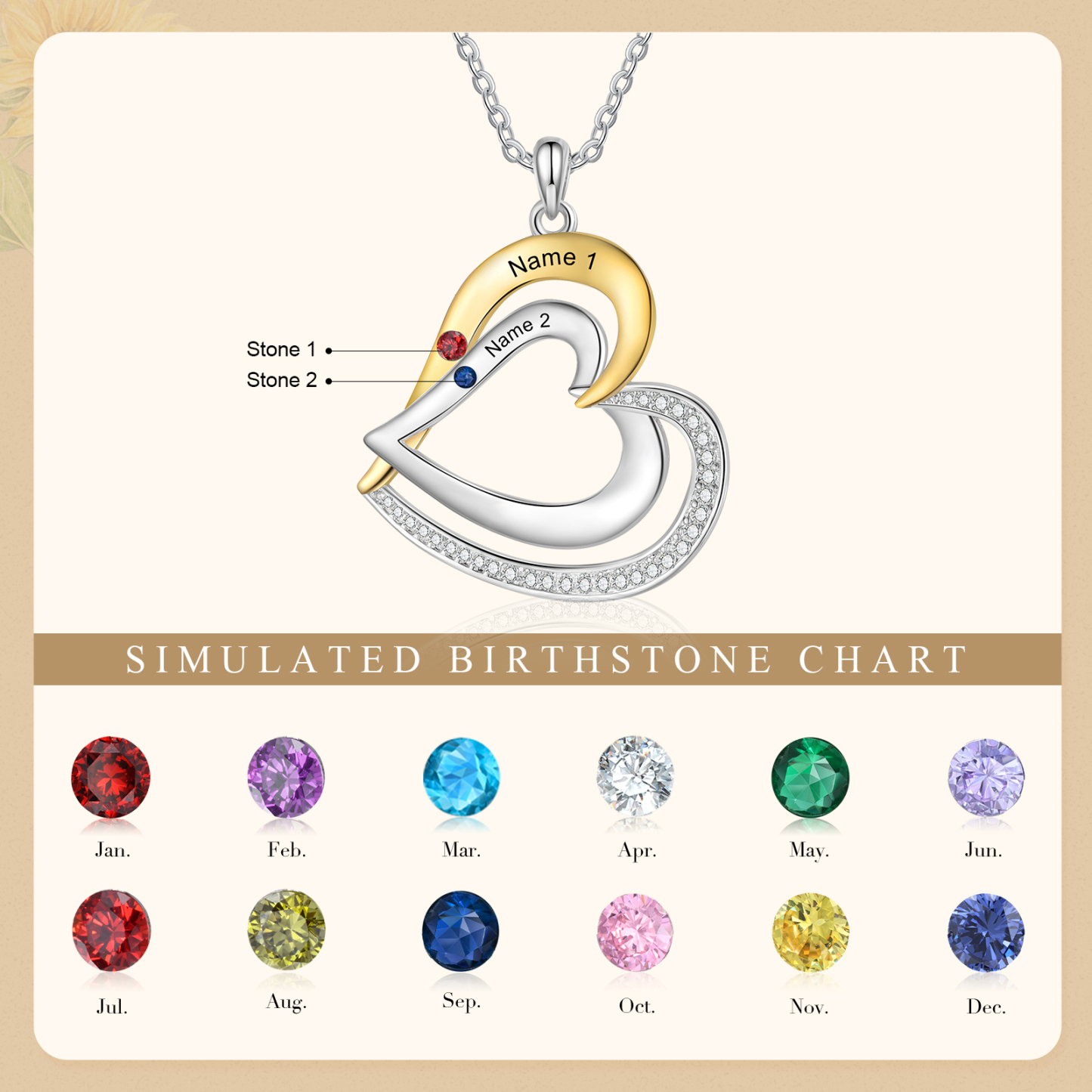 Collar de corazón de plata 925 con 2 nombres y piedras de nacimiento personalizados-Jessemade ES