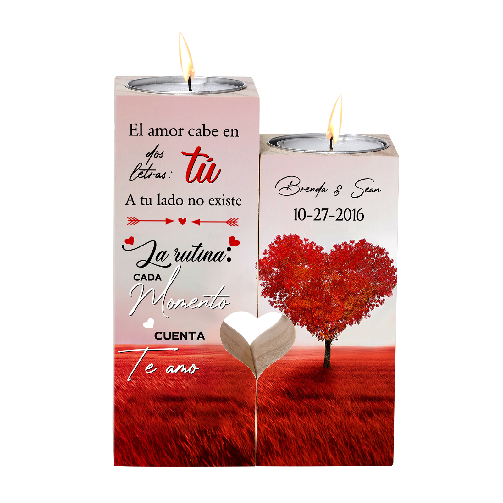 Candelero para pareja de madera de dos piezas sin candela con 2 nombres y fecha personalizados-Jessemade ES