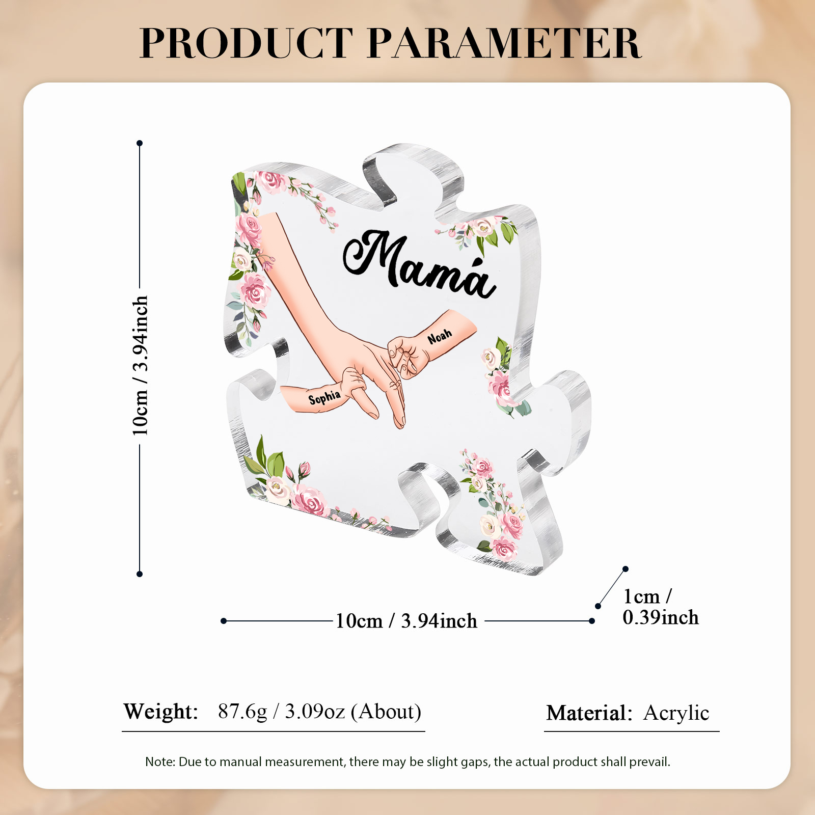 A mi mamá/abuela-Placa de acrílico en forma de corazón mano a mano con 1 texto y 2 nombres personalizados | Jessemade