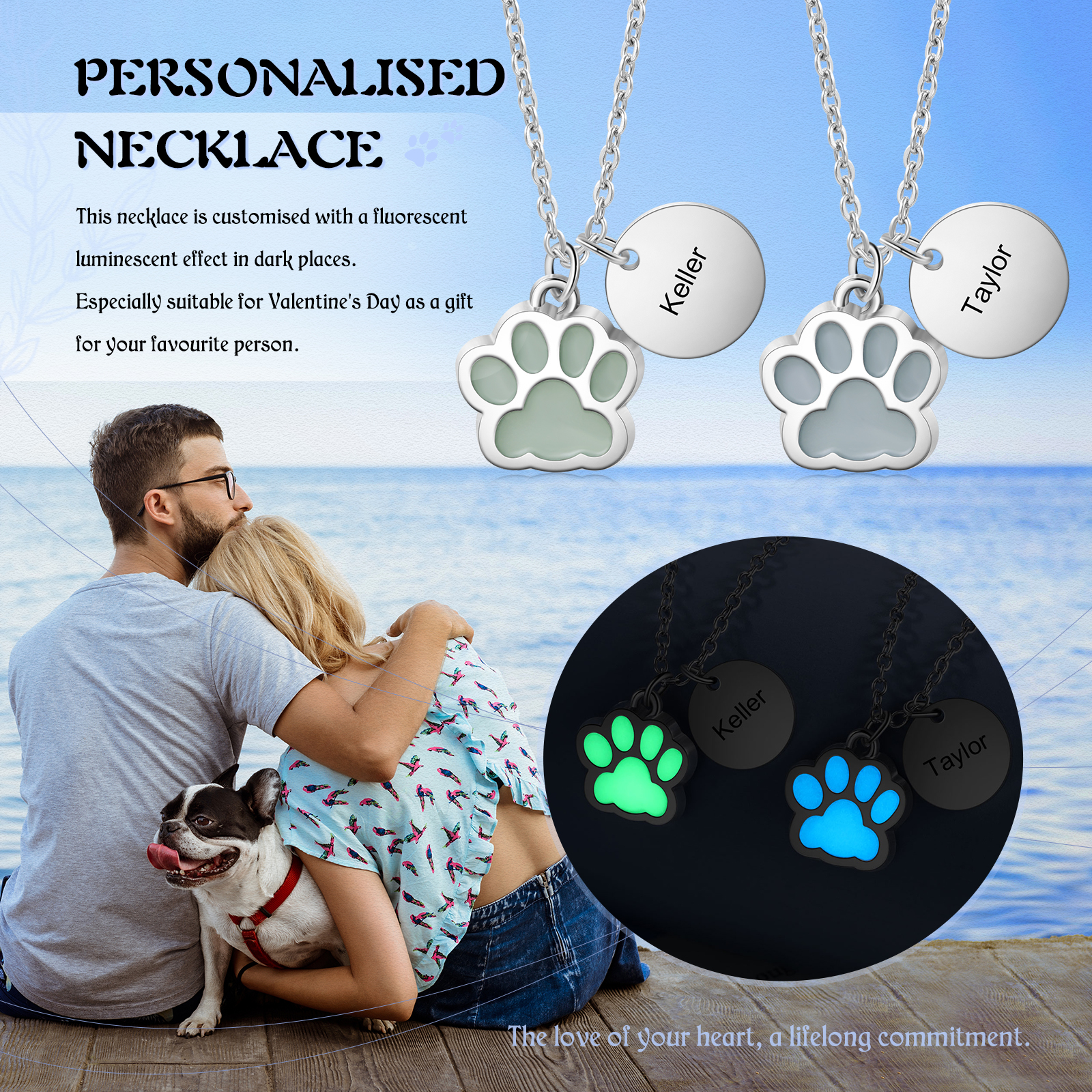 Collar para pareja de pata fluorescente con nombre personalizado-Jessemade ES