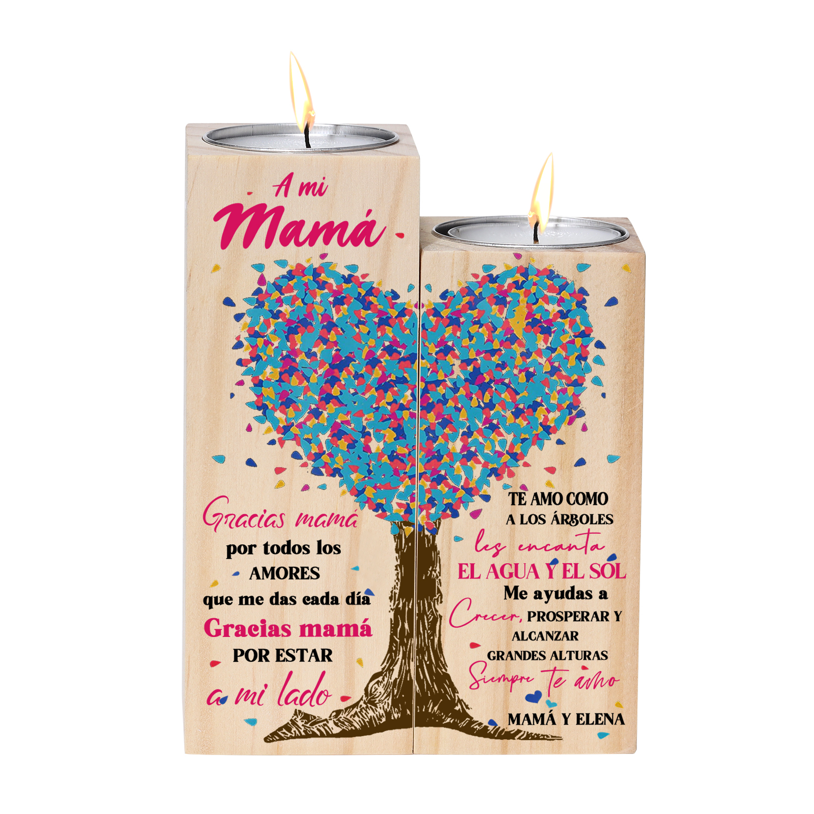 A mi mamá-Candelero de madera de dos piezas sin candela árbol de la vida 1 texto personalizado-Jessemade ES