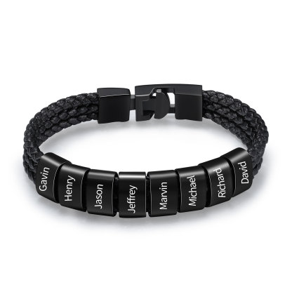 Pulsera de tres cueros trenzados 8 aros con 8 nombres personalizados pulsera de hombre-Jessemade ES