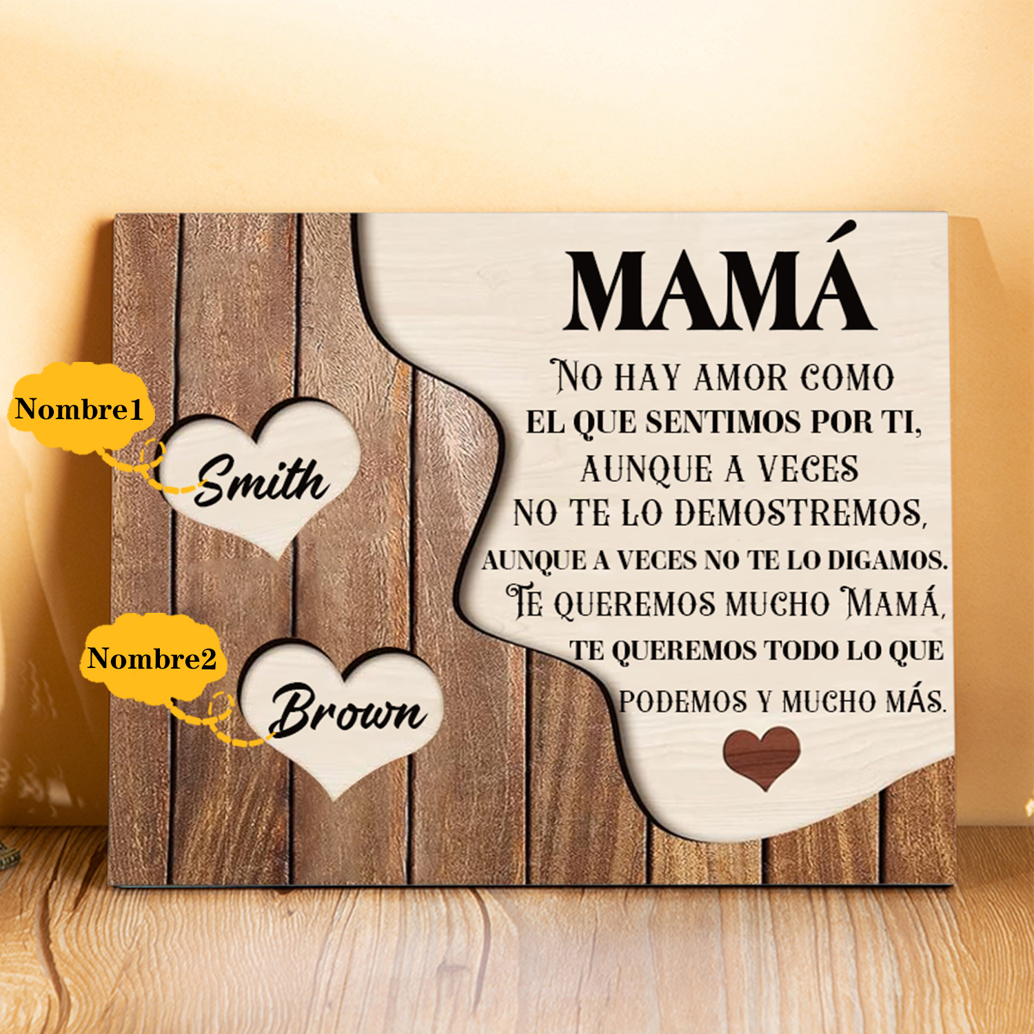 A mi mamá - Lámina 2-8 nombres personalizados marco de madera cara y corazones-Jessemade ES
