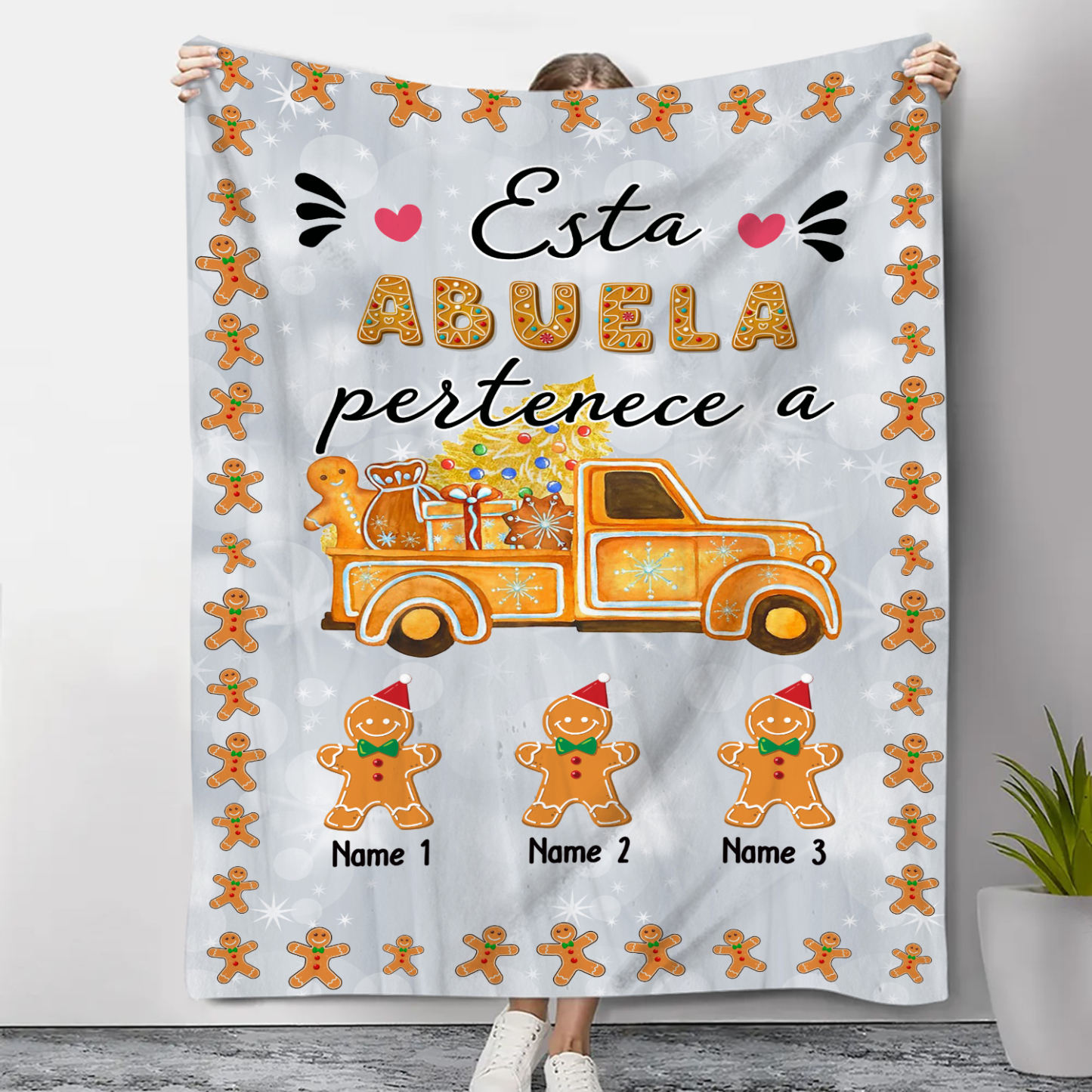 A mi abuela-Manta de buen calidad de Navidad hombres de jengibre personalizada con 3 nombres-Jessemade ES