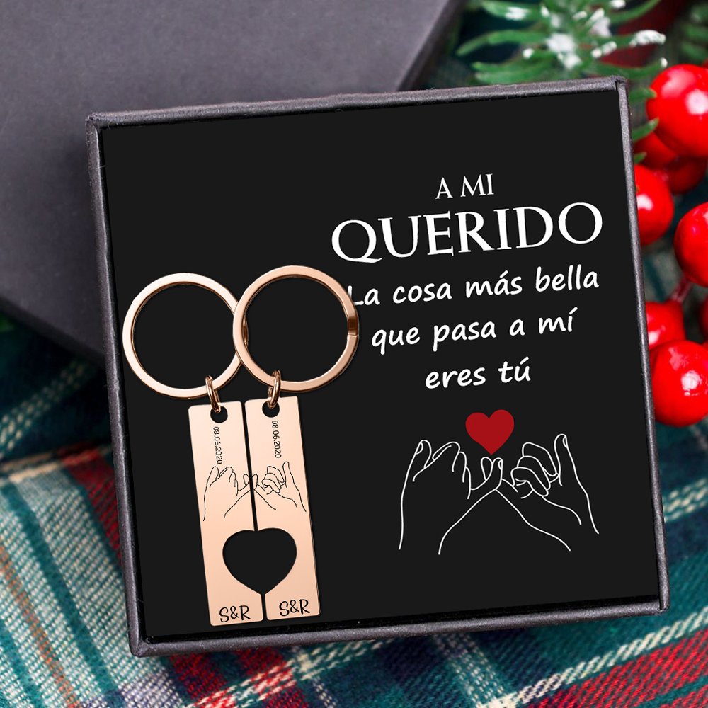A mi querido-Llavero con corazón encajado para pareja pinky swear 2 letras personalizadas con fecha-Jessemade ES