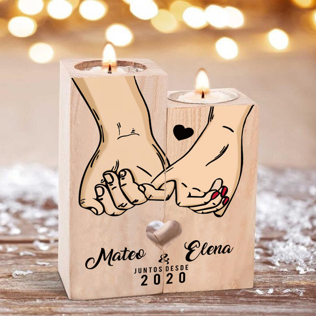 Pareja-Candelero de madera de dos piezas sin candela con nombres y año personalizados-Jessemade ES