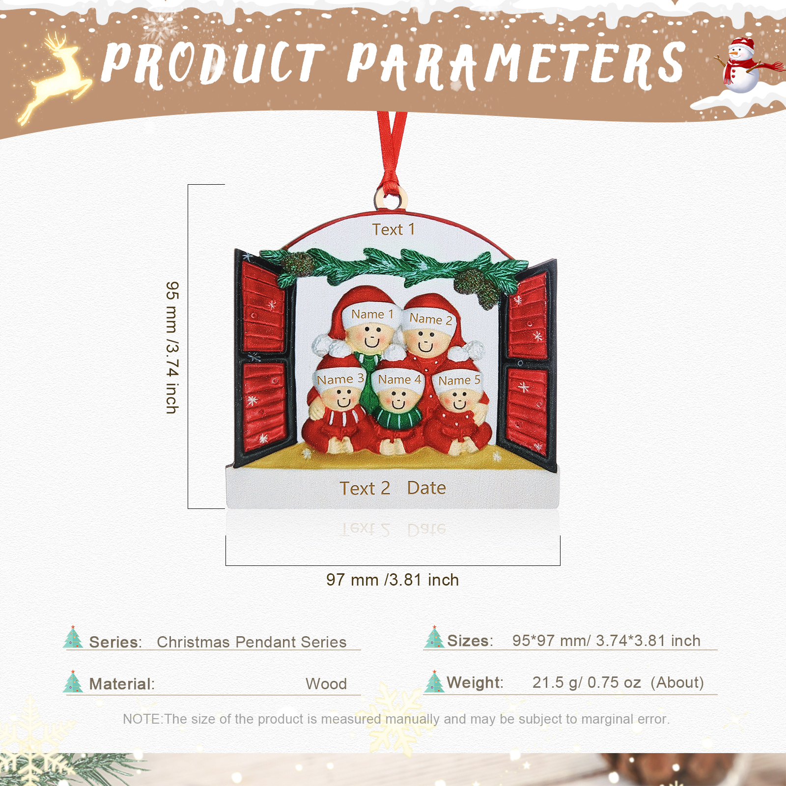 Navidad-Ornamento muñecos navideño de madera familia de 5 y 2 textos y año personalizados adorno del árbol-Jessemade ES