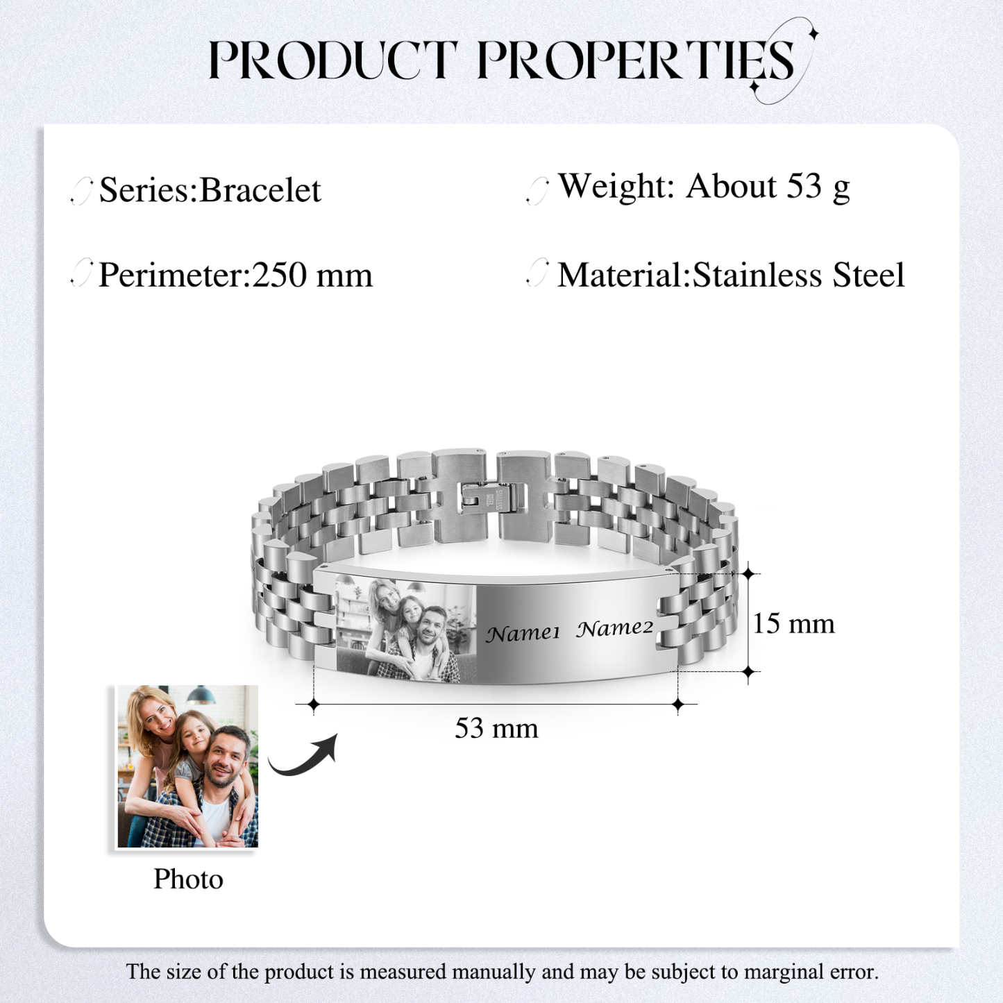 Pulsera de cadena personalizada con 2 nombres y 1 foto para hombre-Jessemade ES