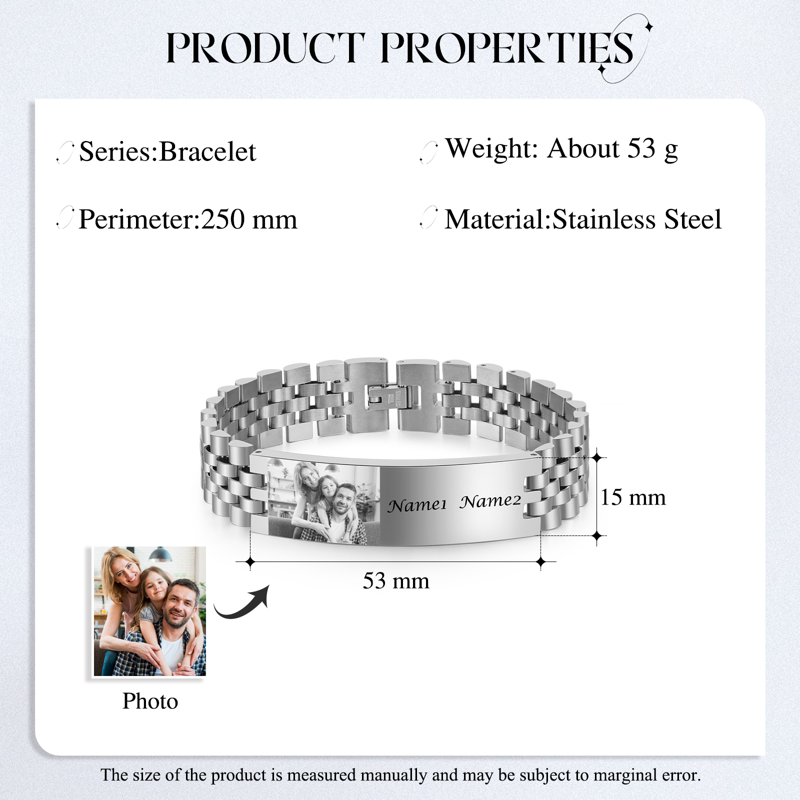 Pulsera de cadena personalizada con 2 nombres y 1 foto para hombre-Jessemade ES