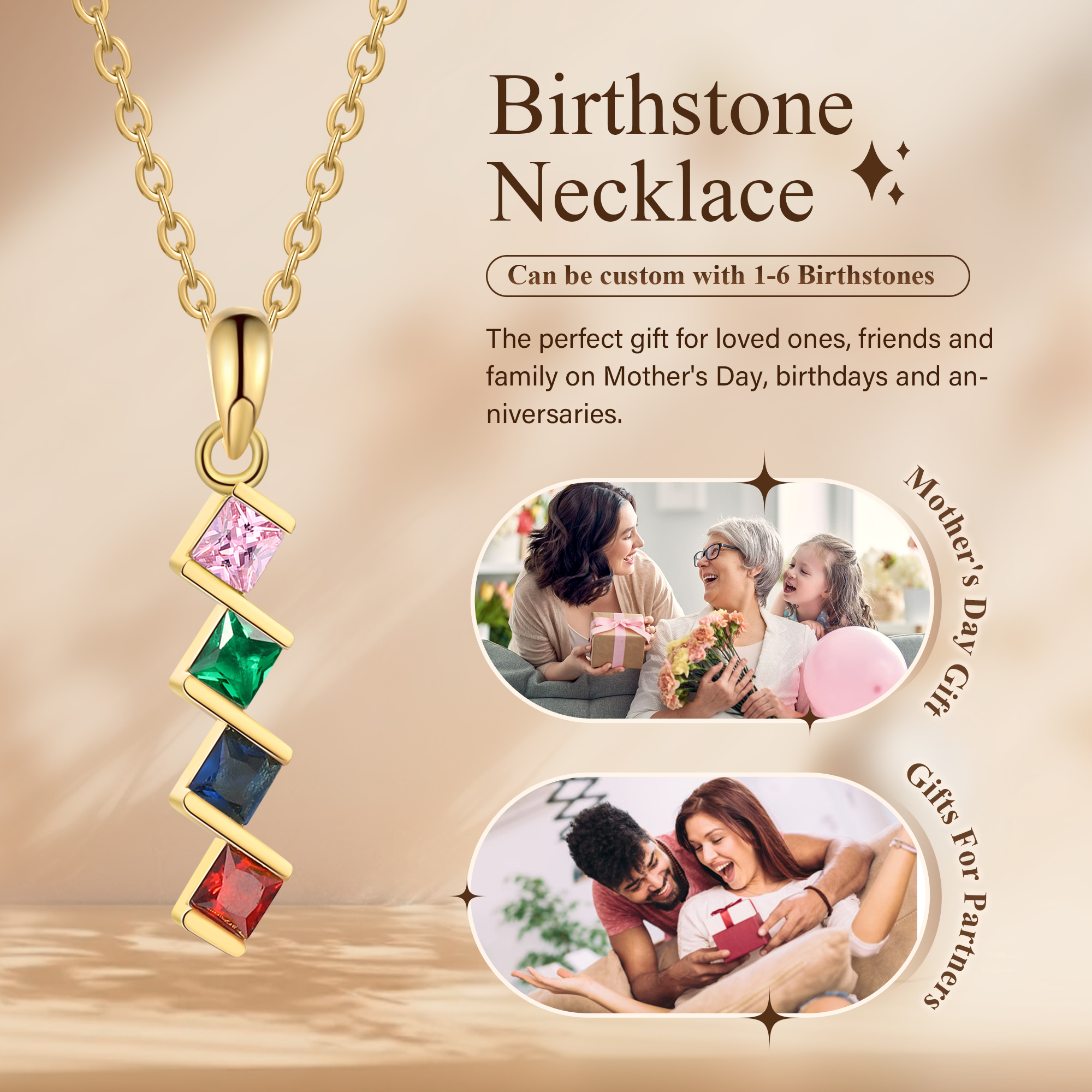 Collar para mujer con 4 piedras de nacimiento personalizadas-Jessemade ES