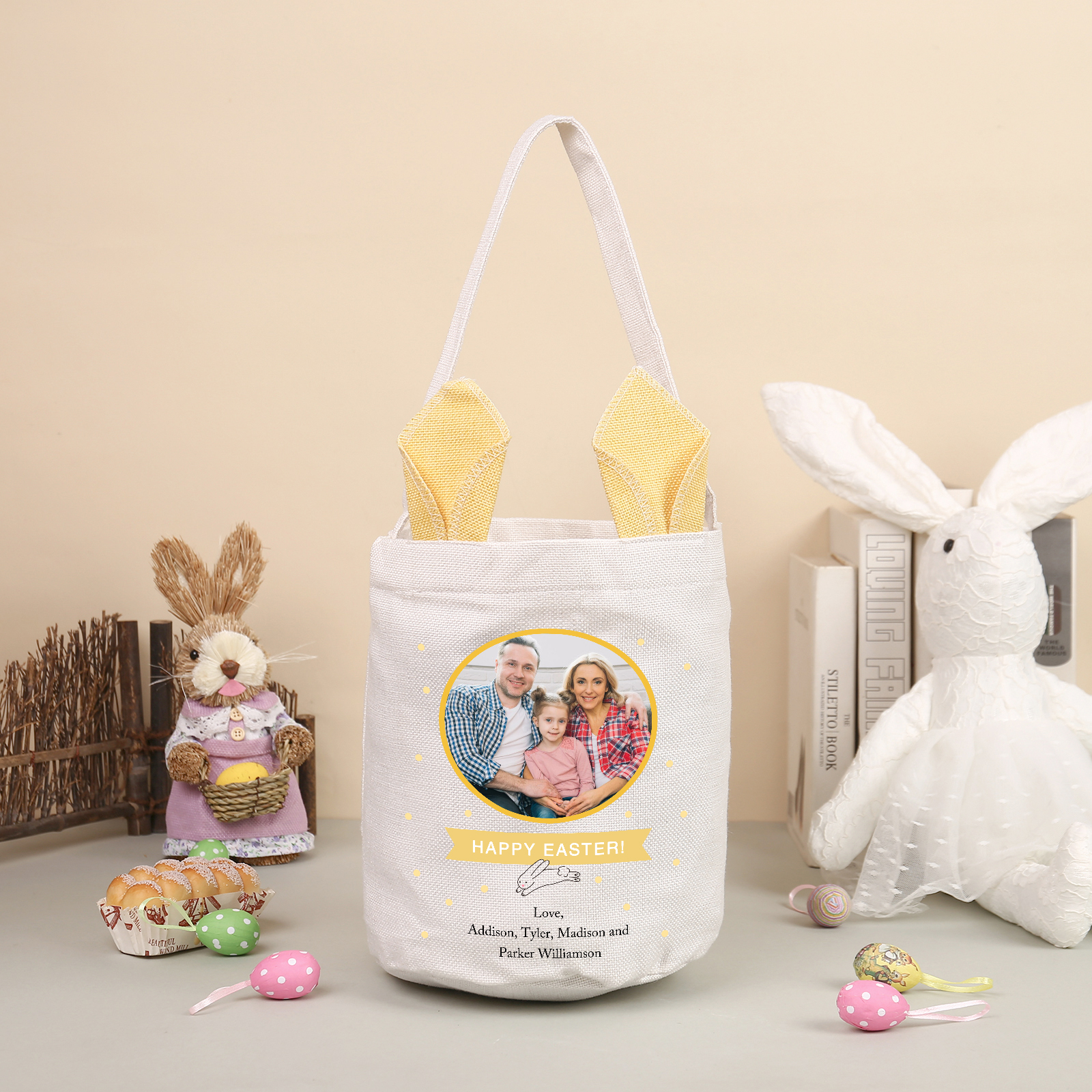 Pascua-Bolsa de conejo con 2 textos y 1 foto personalizados-Jessemade ES