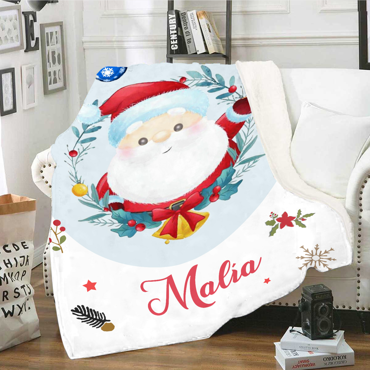 Manta de buen calidad con Papá Noel personalizada con 1 nombre-Jessemade ES