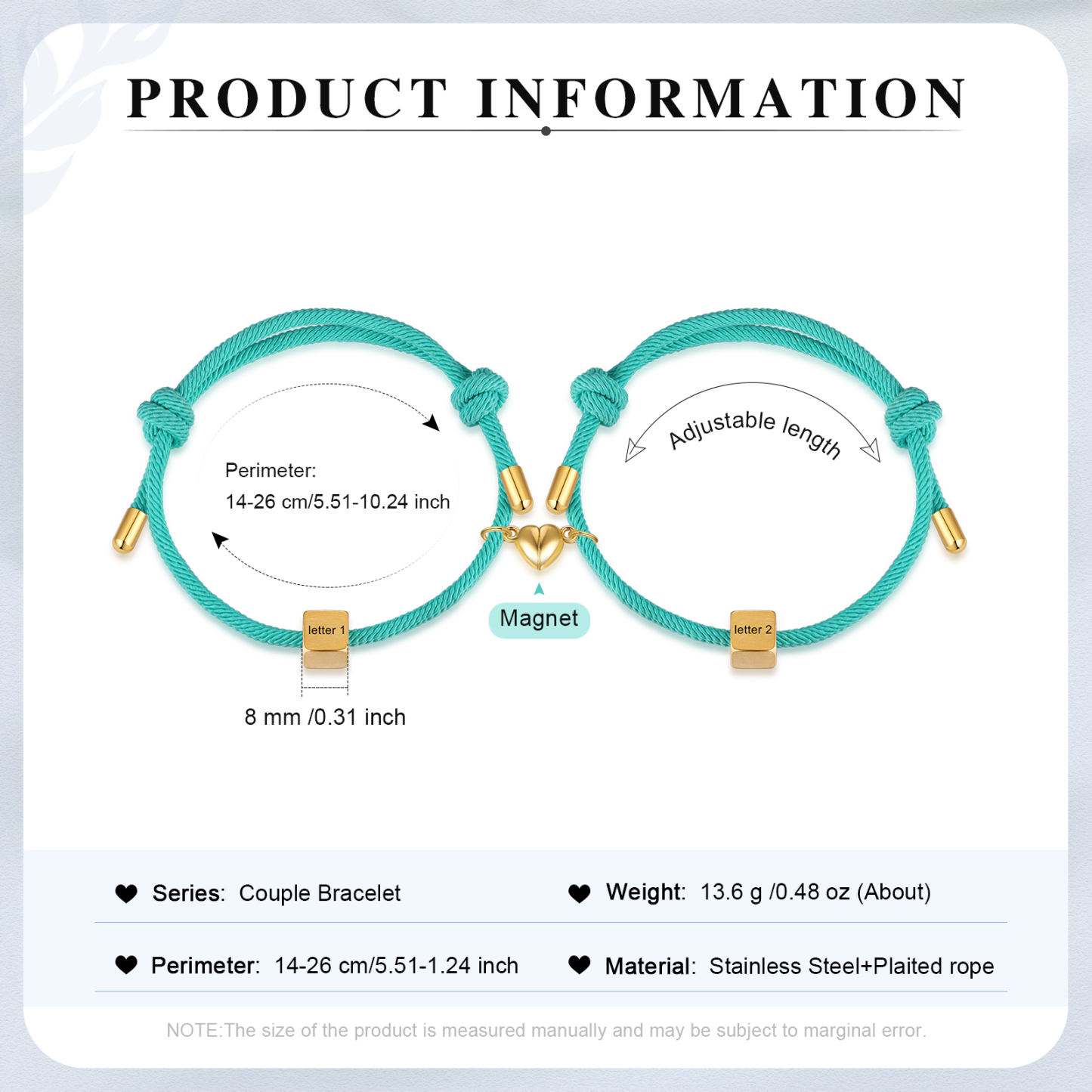 Pulseras de cuerda personalizadas para pareja con dije de corazón magnético grabado de dos letras-Jessemade ES