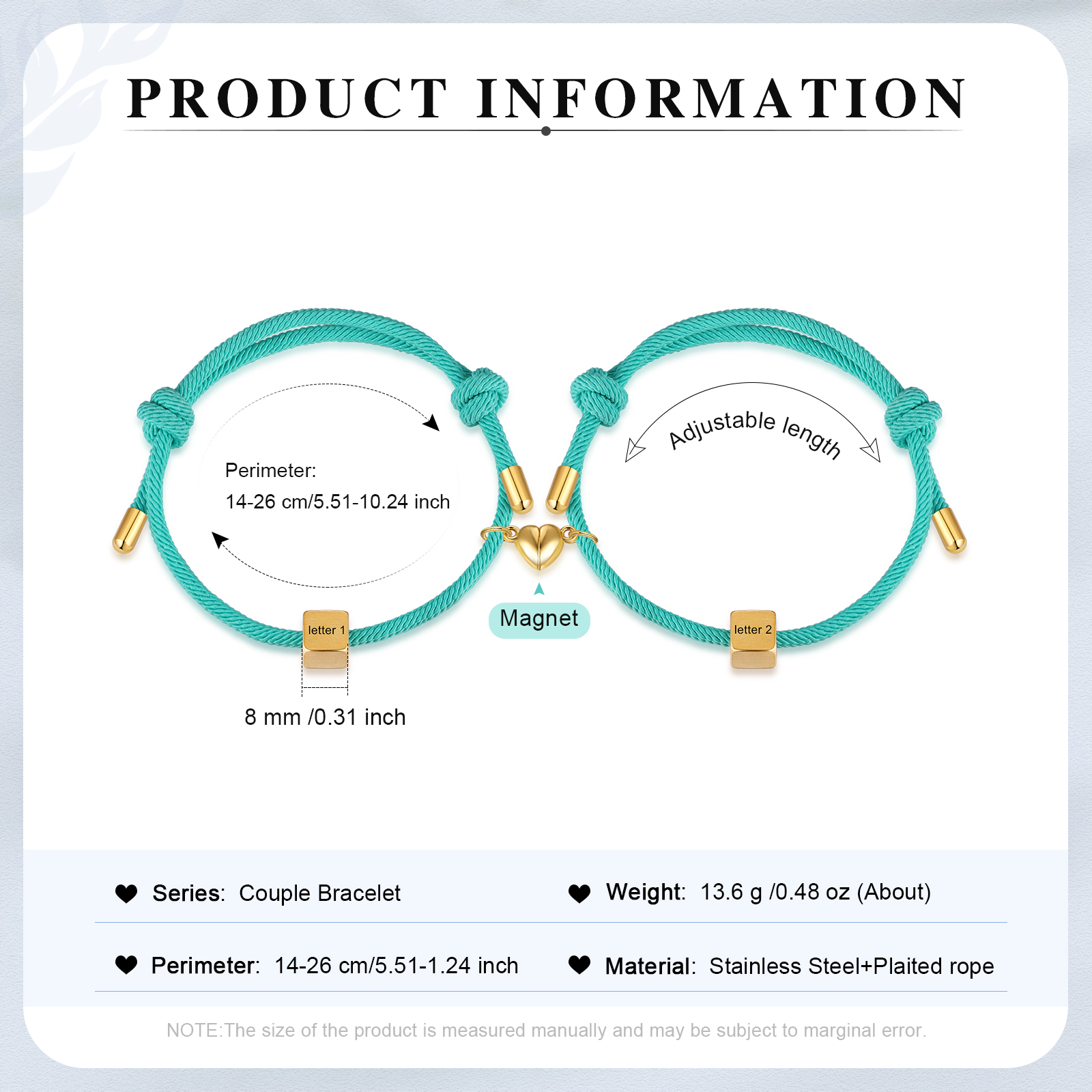 Pulseras de cuerda personalizadas para pareja con dije de corazón magnético grabado de dos letras-Jessemade ES