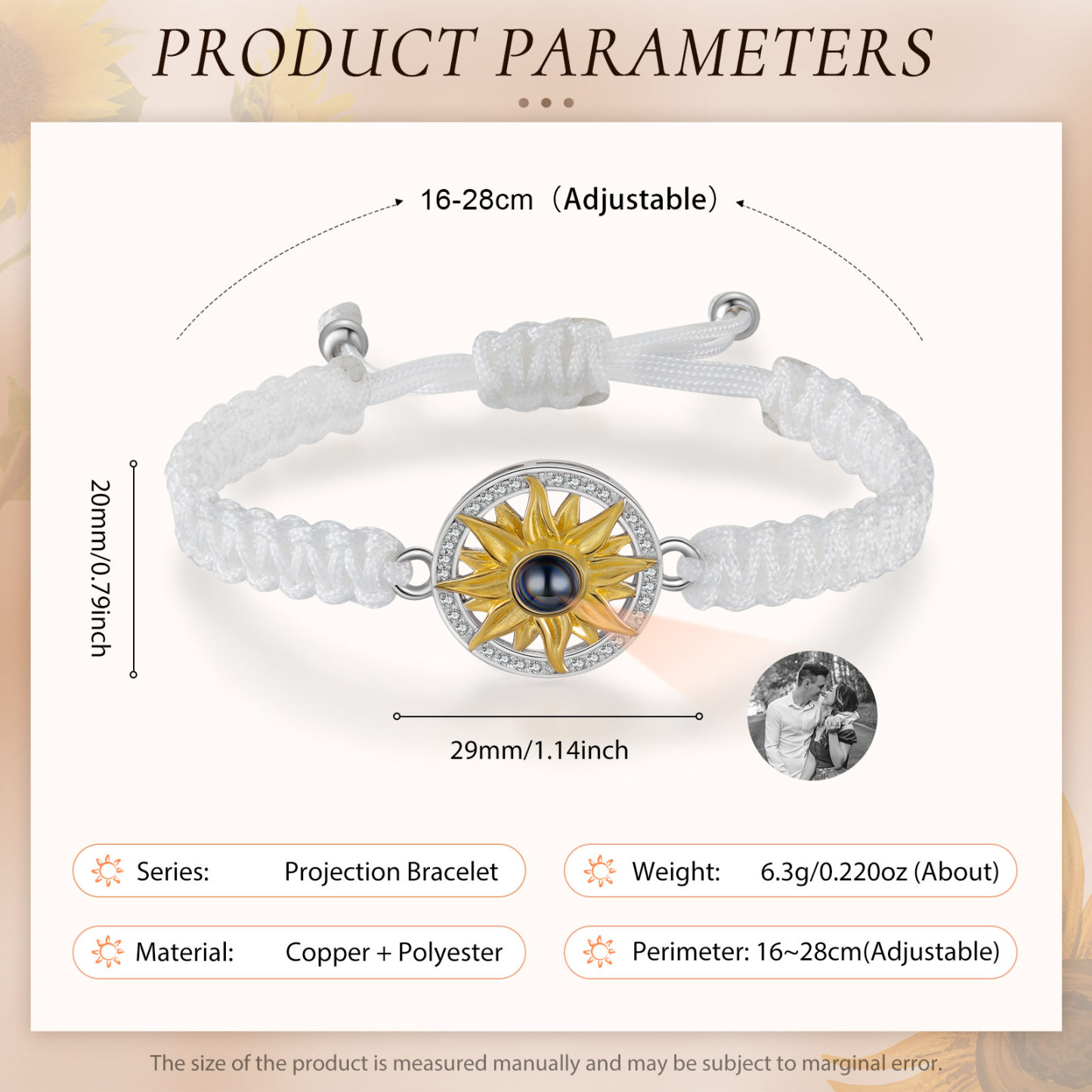 Pulsera con proyección de foto con dije de girasol cuerda blanca-Jessemade ES