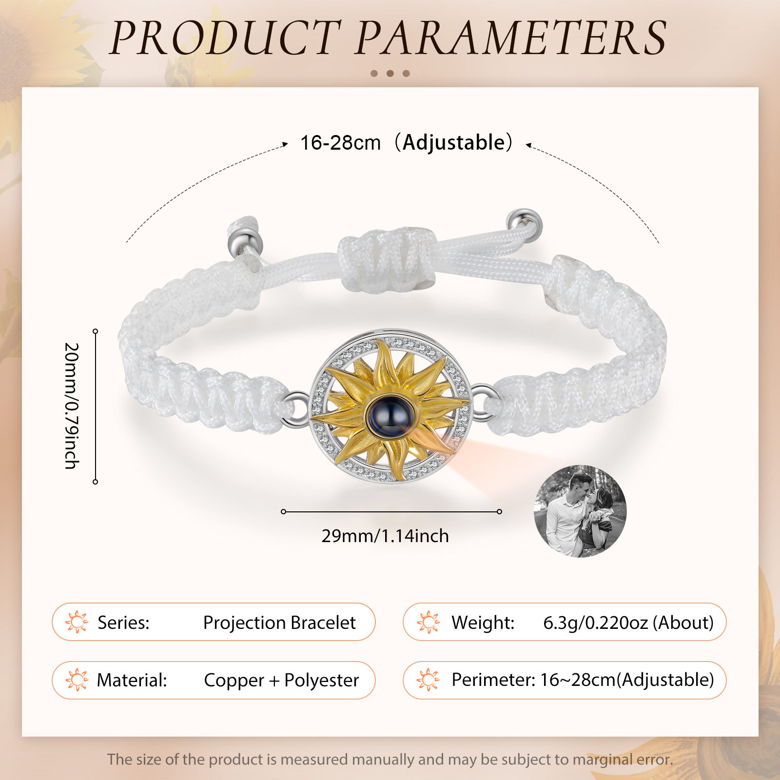Pulsera con proyección de foto con dije de girasol cuerda blanca-Jessemade ES