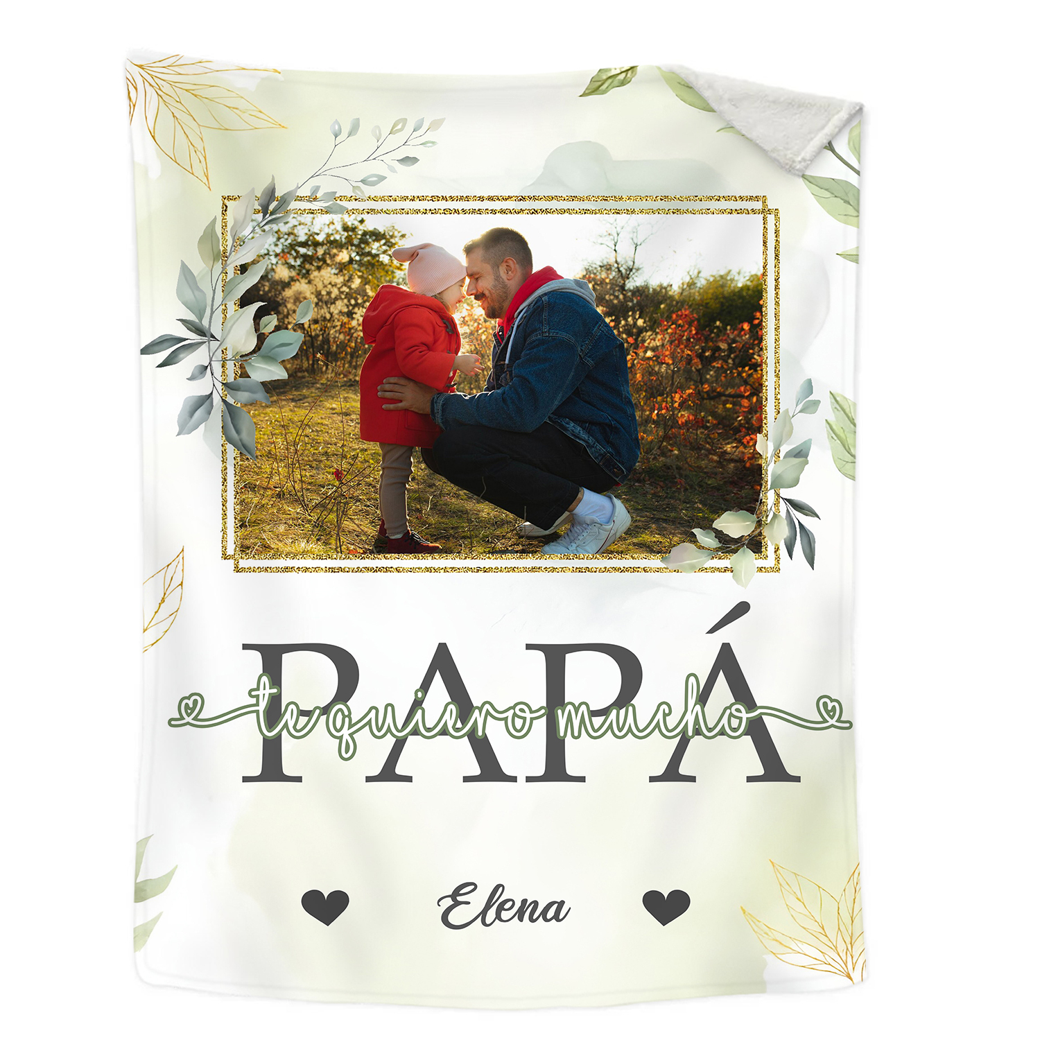 A mi padre de hij@-Manta de buen calidad con hojas personalizada con 1 foto y 1 nombre-Jessemade ES