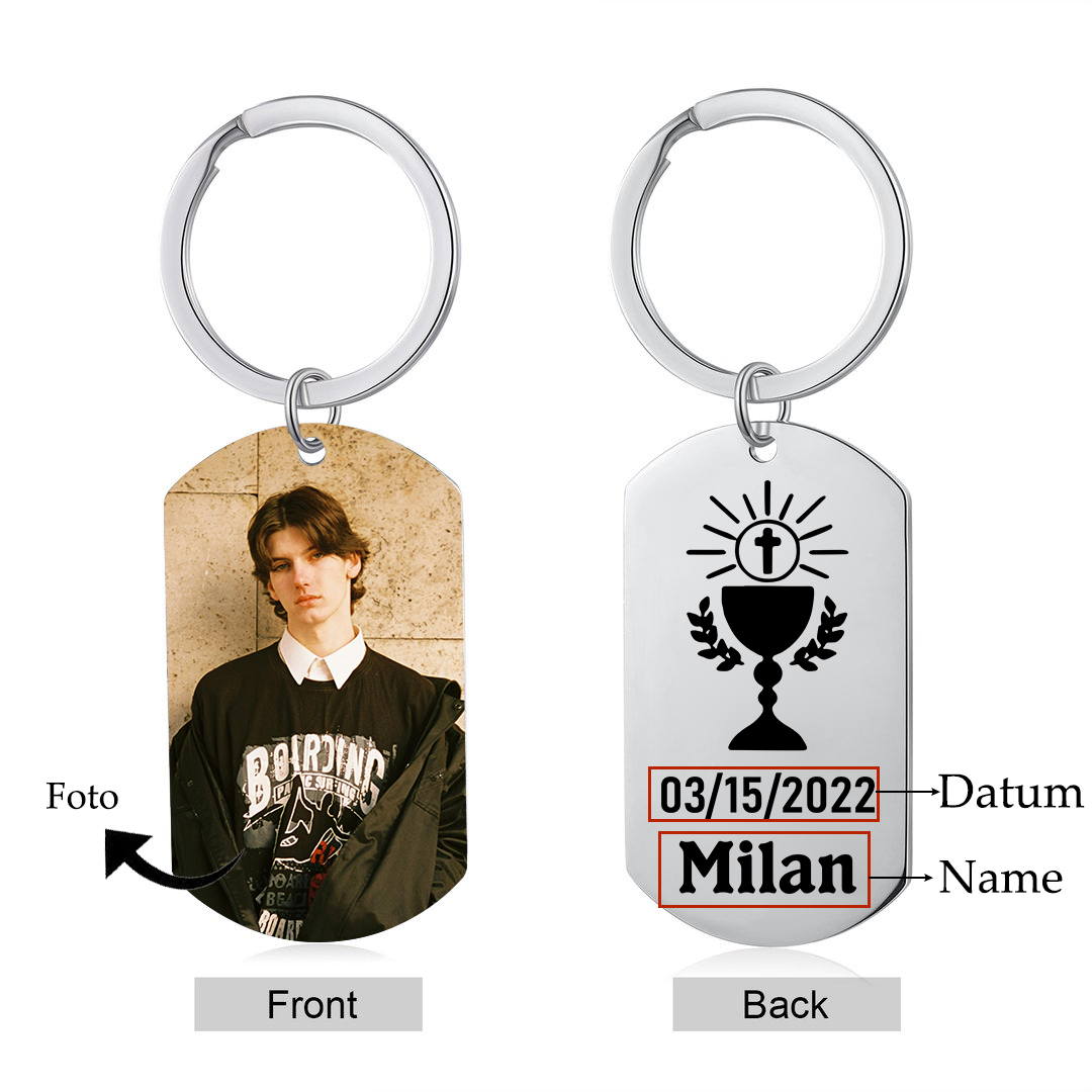 Comunión-Llavero con icono de comunión 1 foto, 1 nombre y 1 fecha personalizados-Jessemade ES