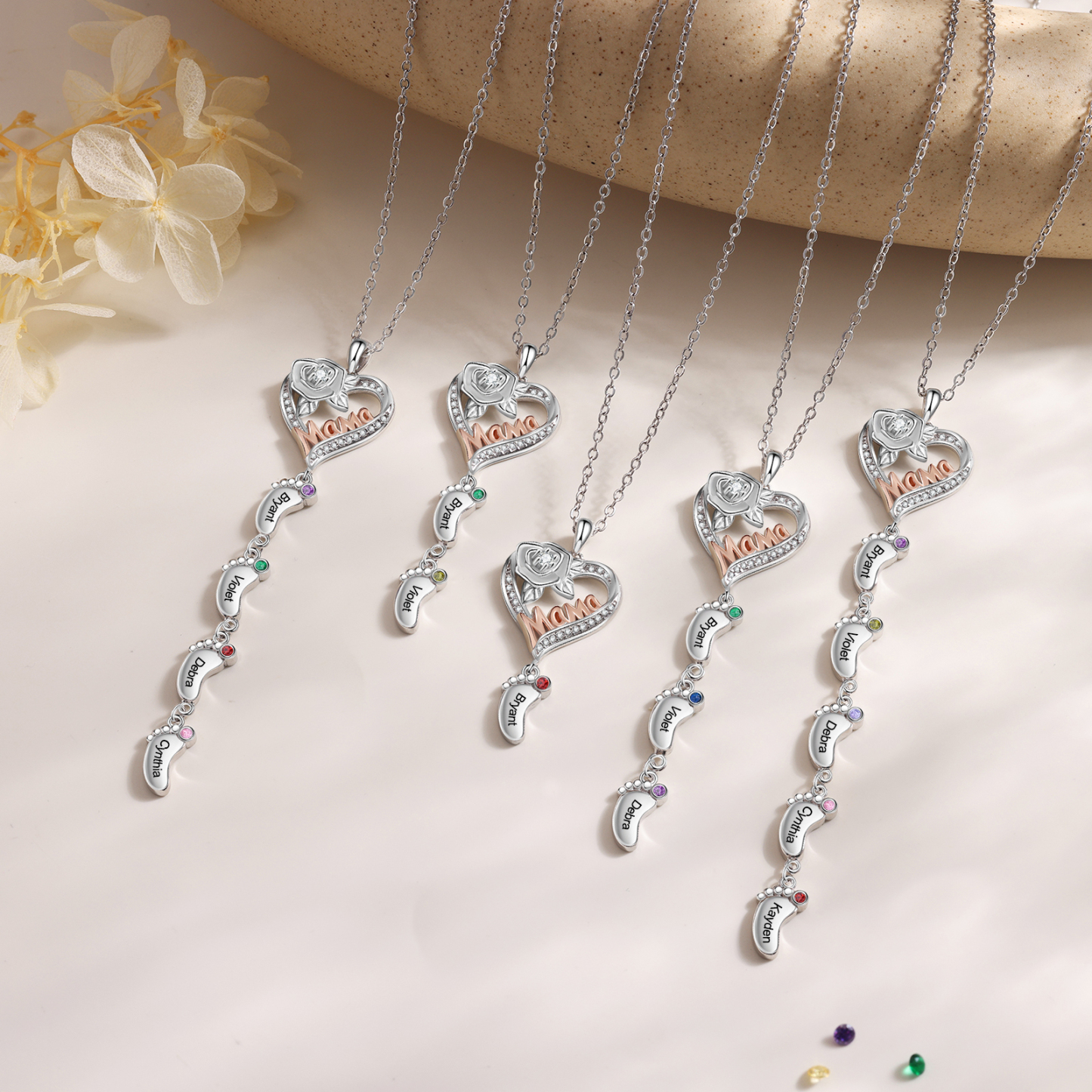 Collar "Mama" con 1-5 colgantes de huella personalizada con 1-5 nombres y piedras de nacimiento-Jessemade ES
