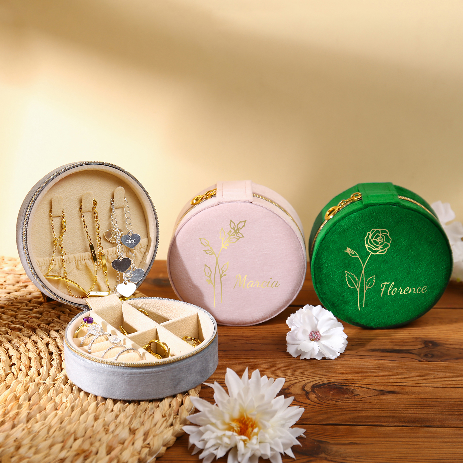 Caja de regalo para joya personalizada con nombre y flor de nacimiento-Jessemade ES
