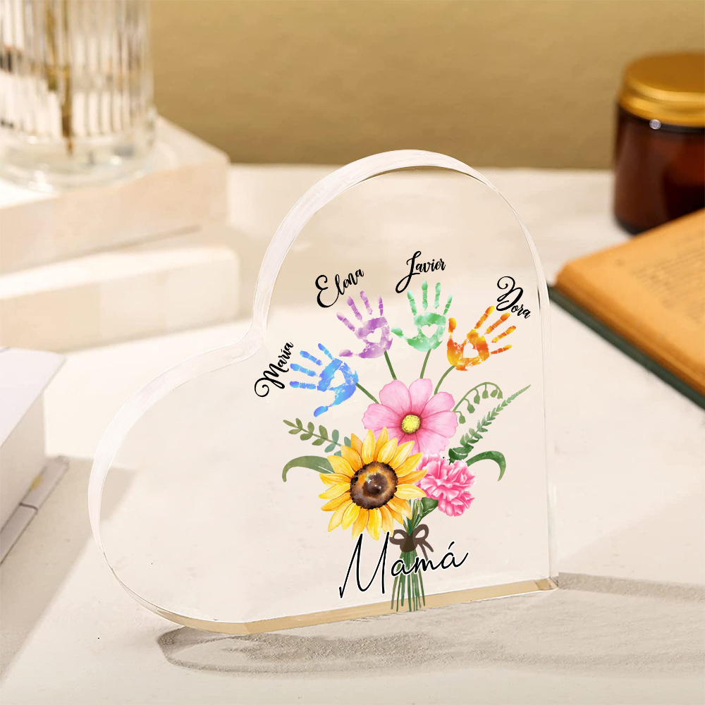 A mi mamá-Placa de acrílico en forma de corazón flor y manitas 1-5 nombres personalizados-Jessemade ES